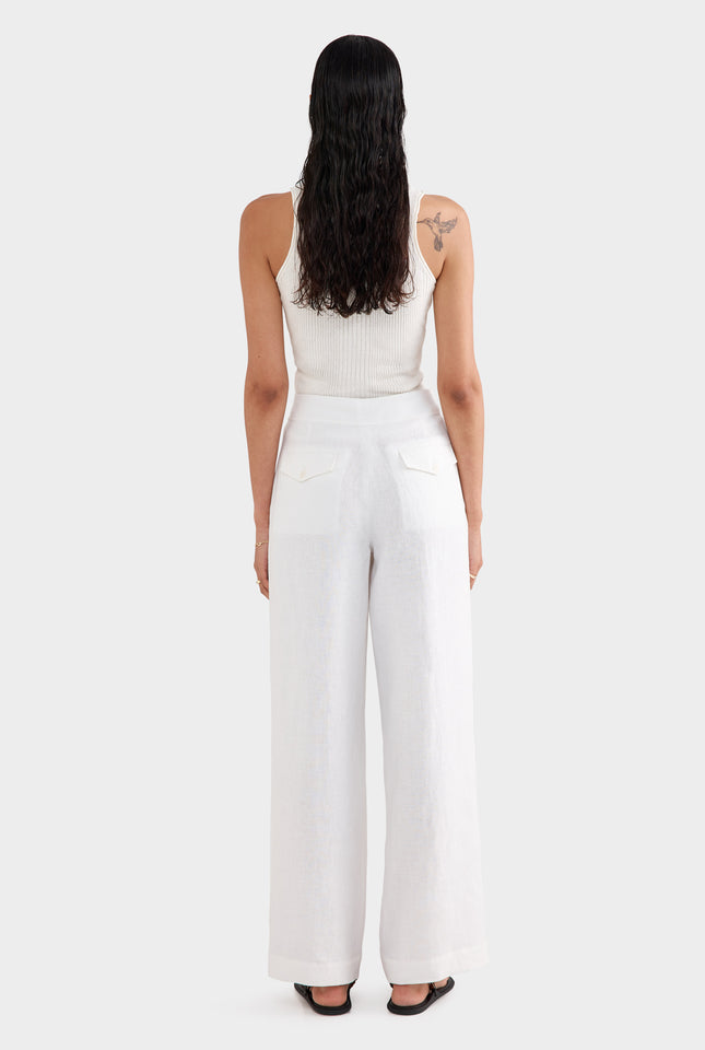 Fixed Waist Linen Trouser - White