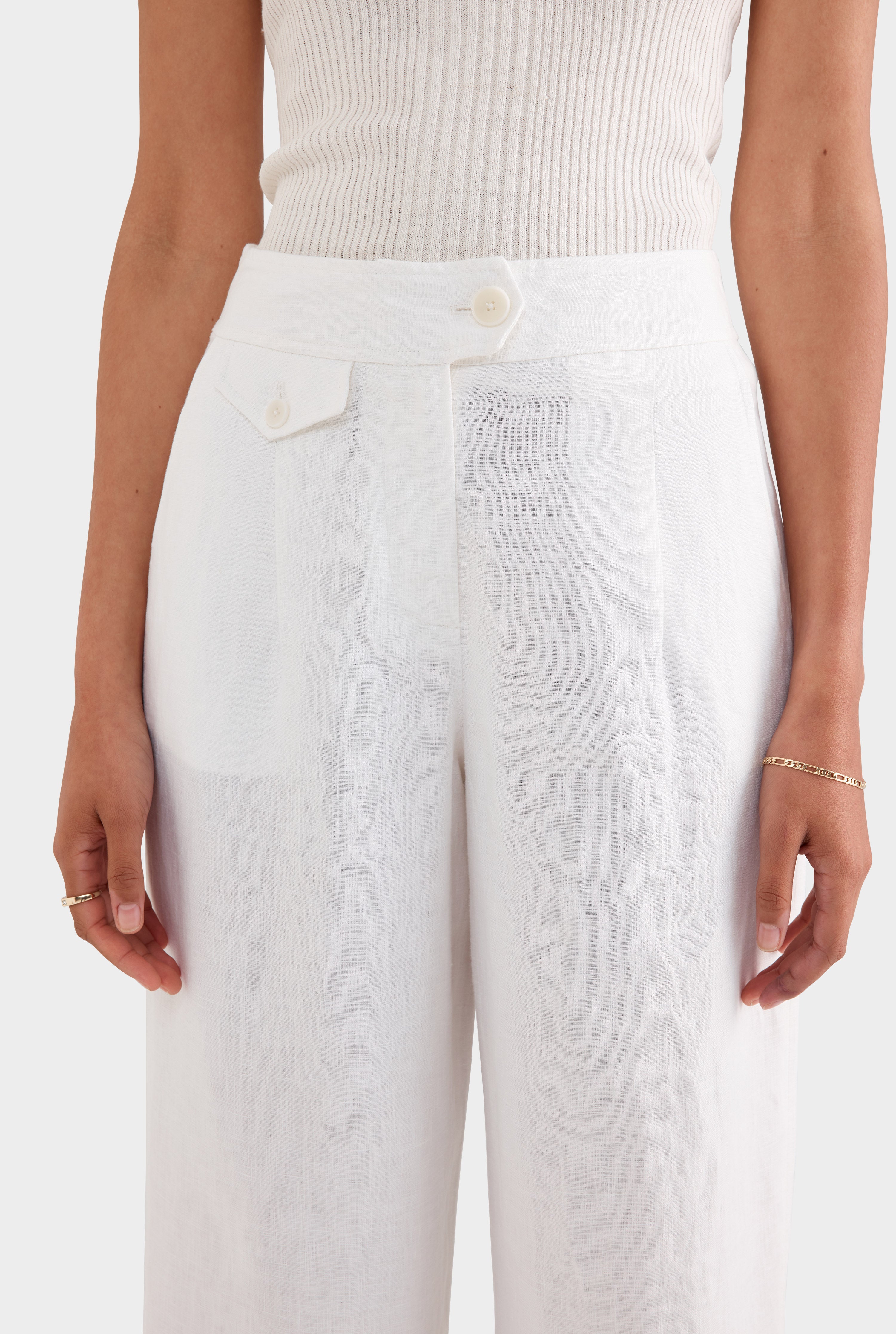 Fixed Waist Linen Trouser - White