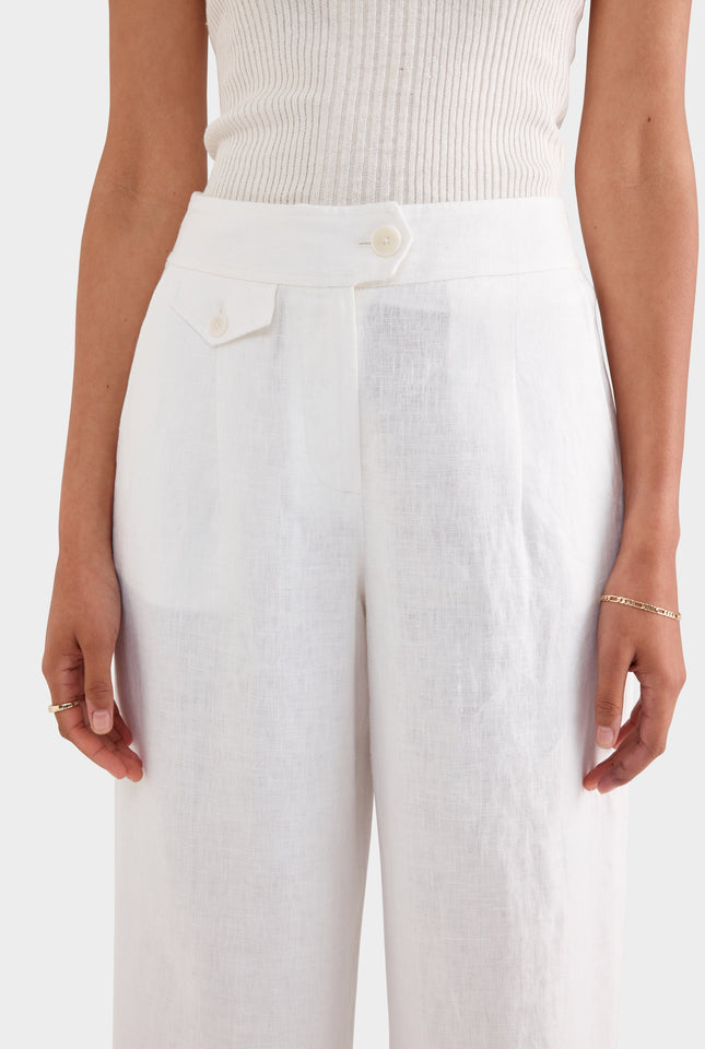 Fixed Waist Linen Trouser - White