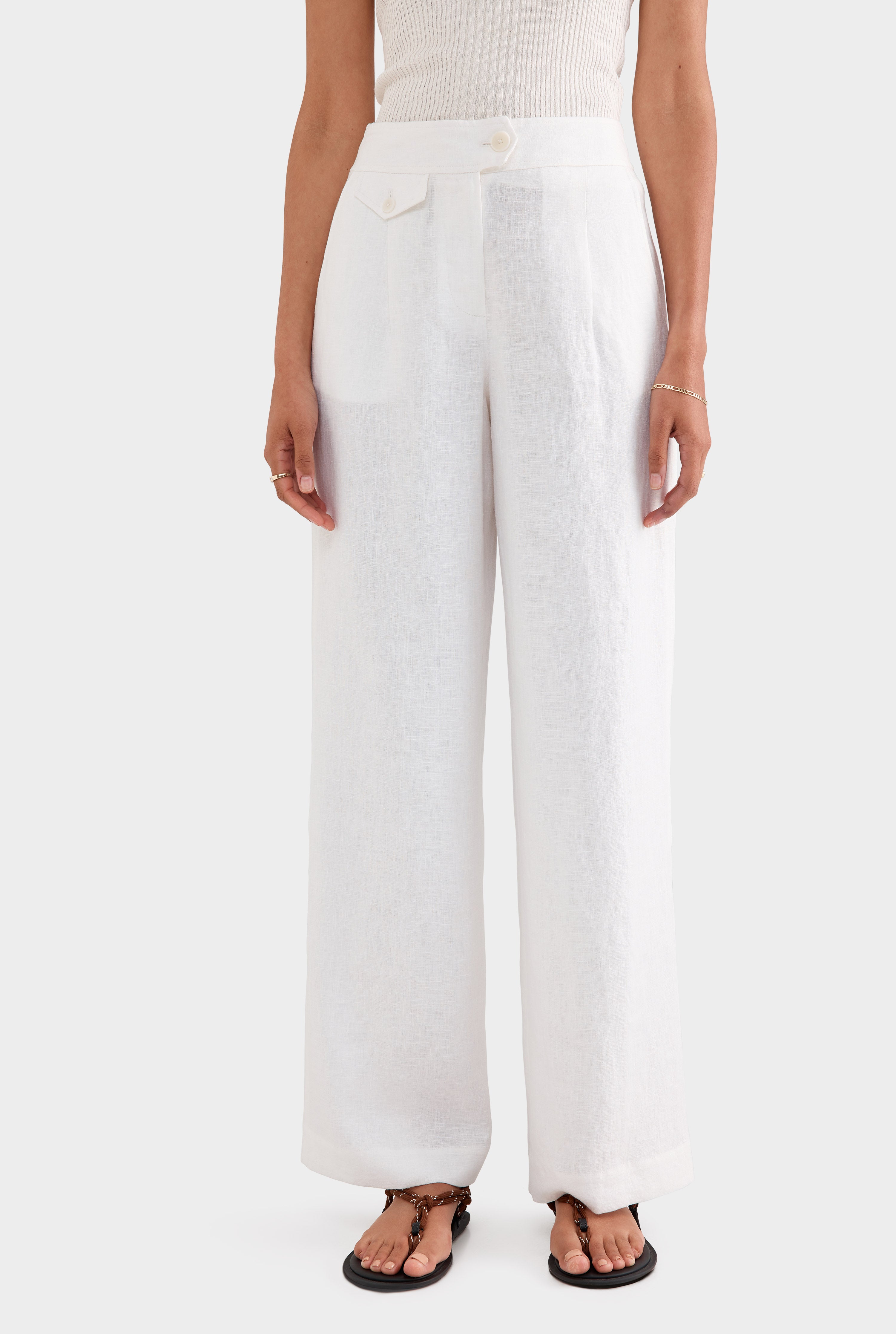 Fixed Waist Linen Trouser - White