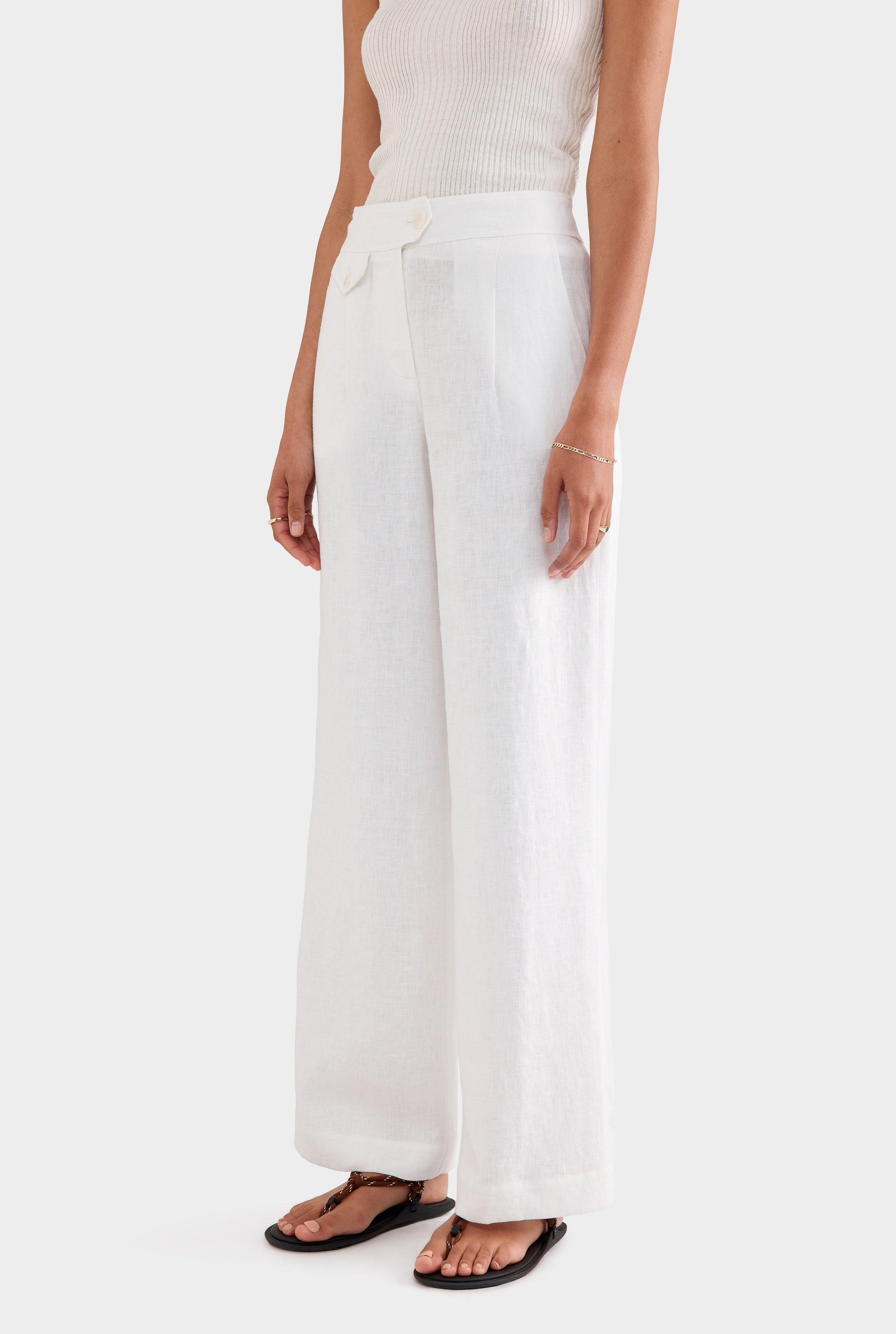 Fixed Waist Linen Trouser - White