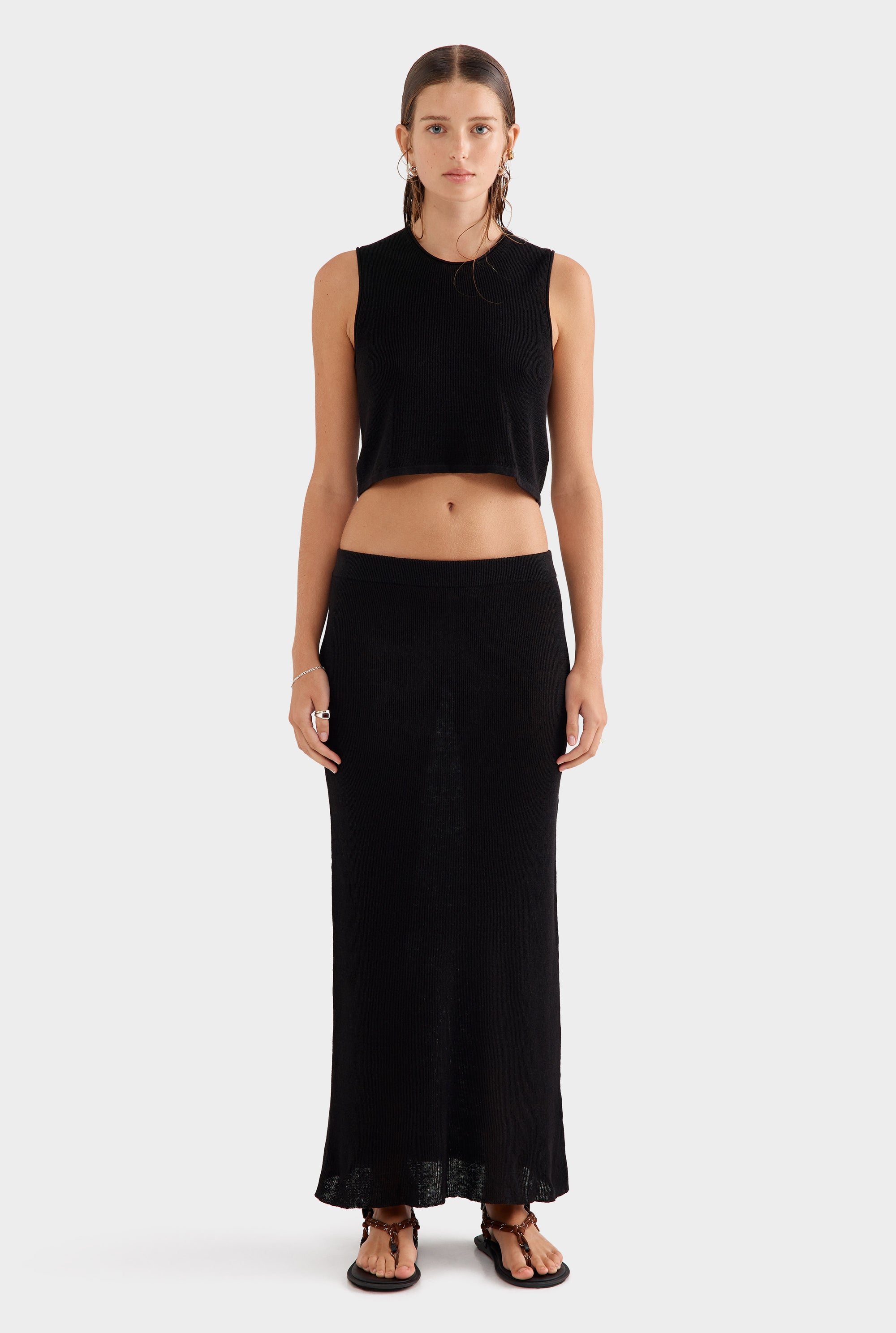 Rib Knitted Cropped Tank - Black