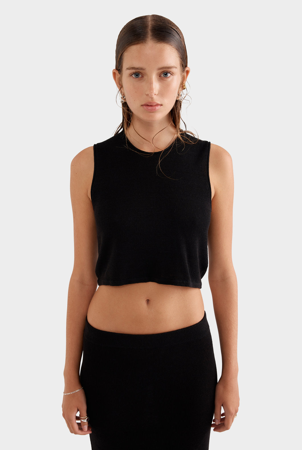 Rib Knitted Cropped Tank - Black