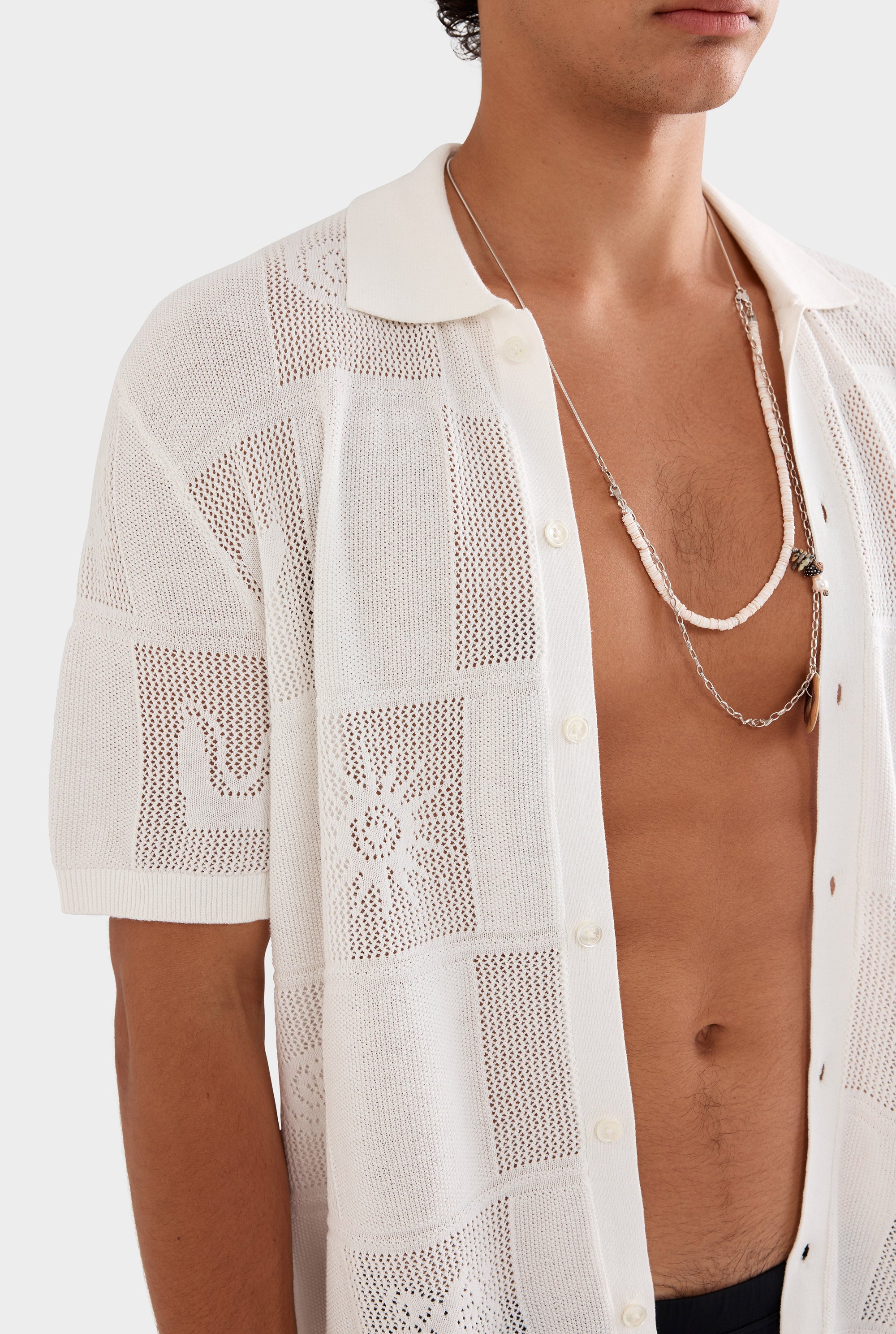 Intarsia Check Knitted Shirt - Off White