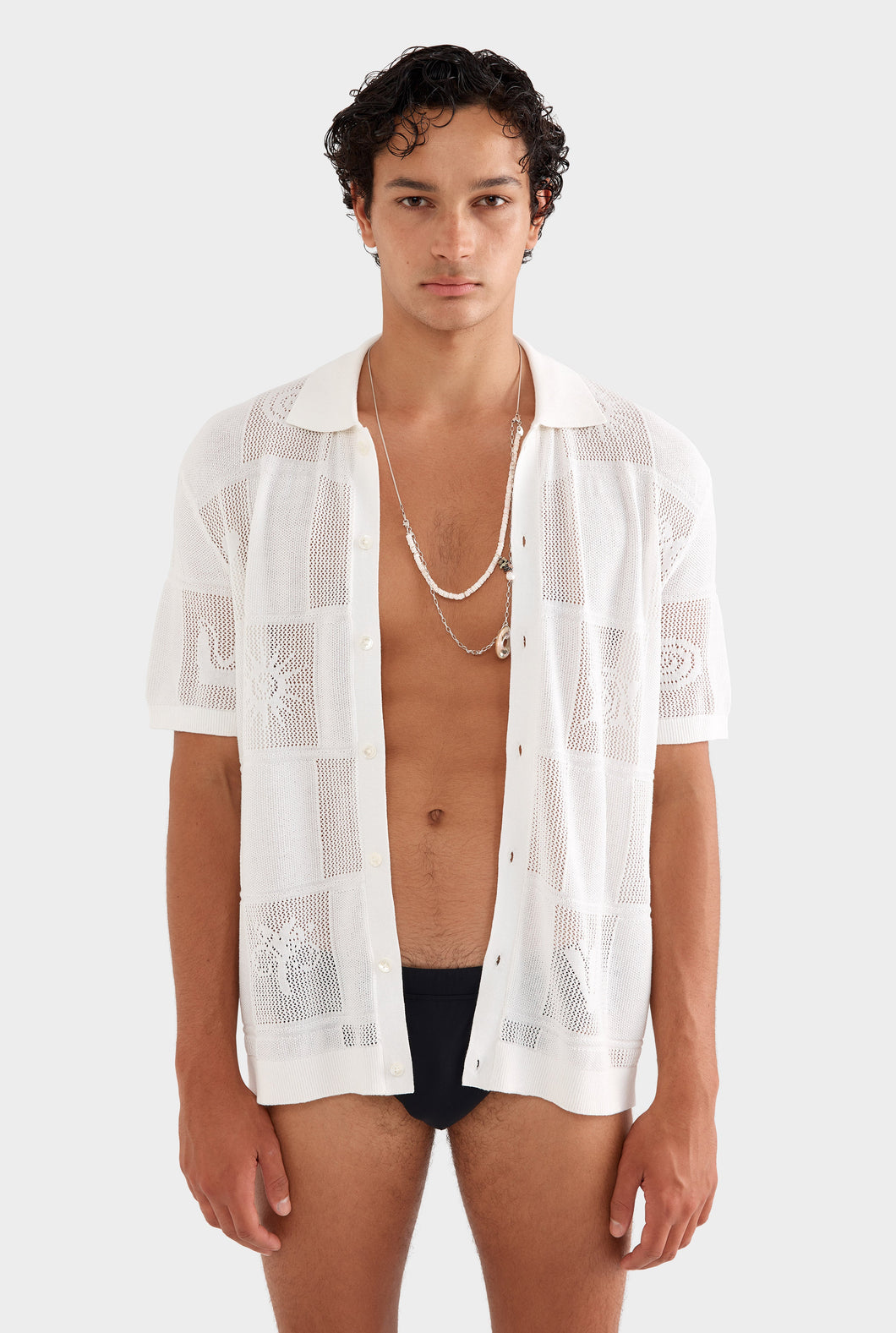 Intarsia Check Knitted Shirt - Off White