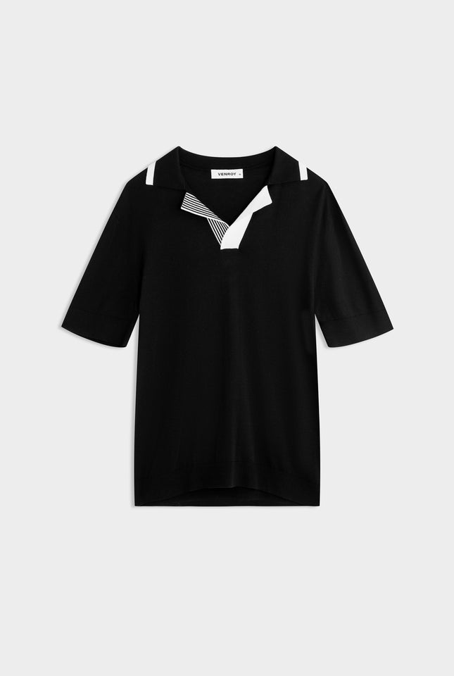 Knitted Cotton Open Neck Polo - Black/Off White