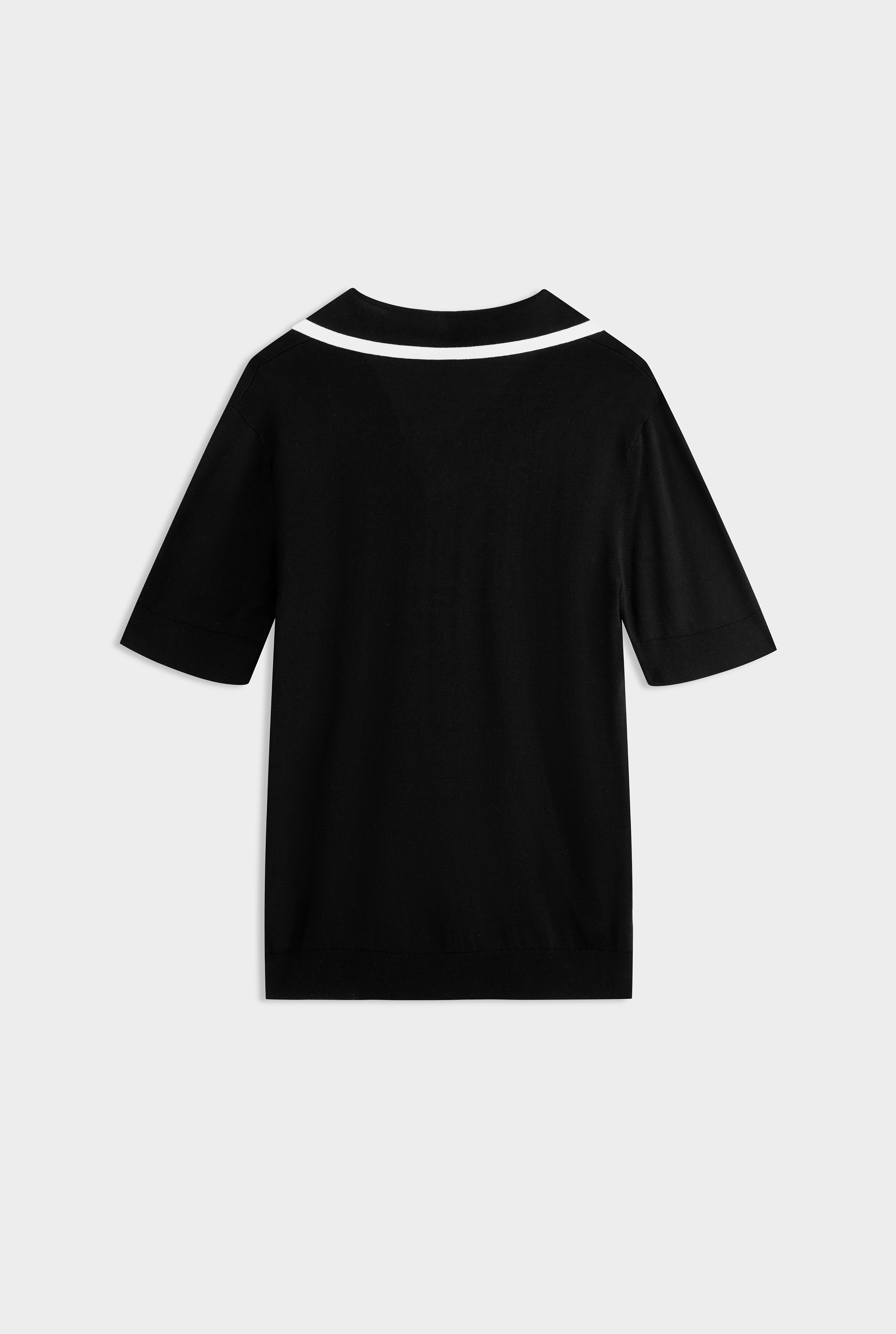 Knitted Cotton Open Neck Polo - Black/Off White