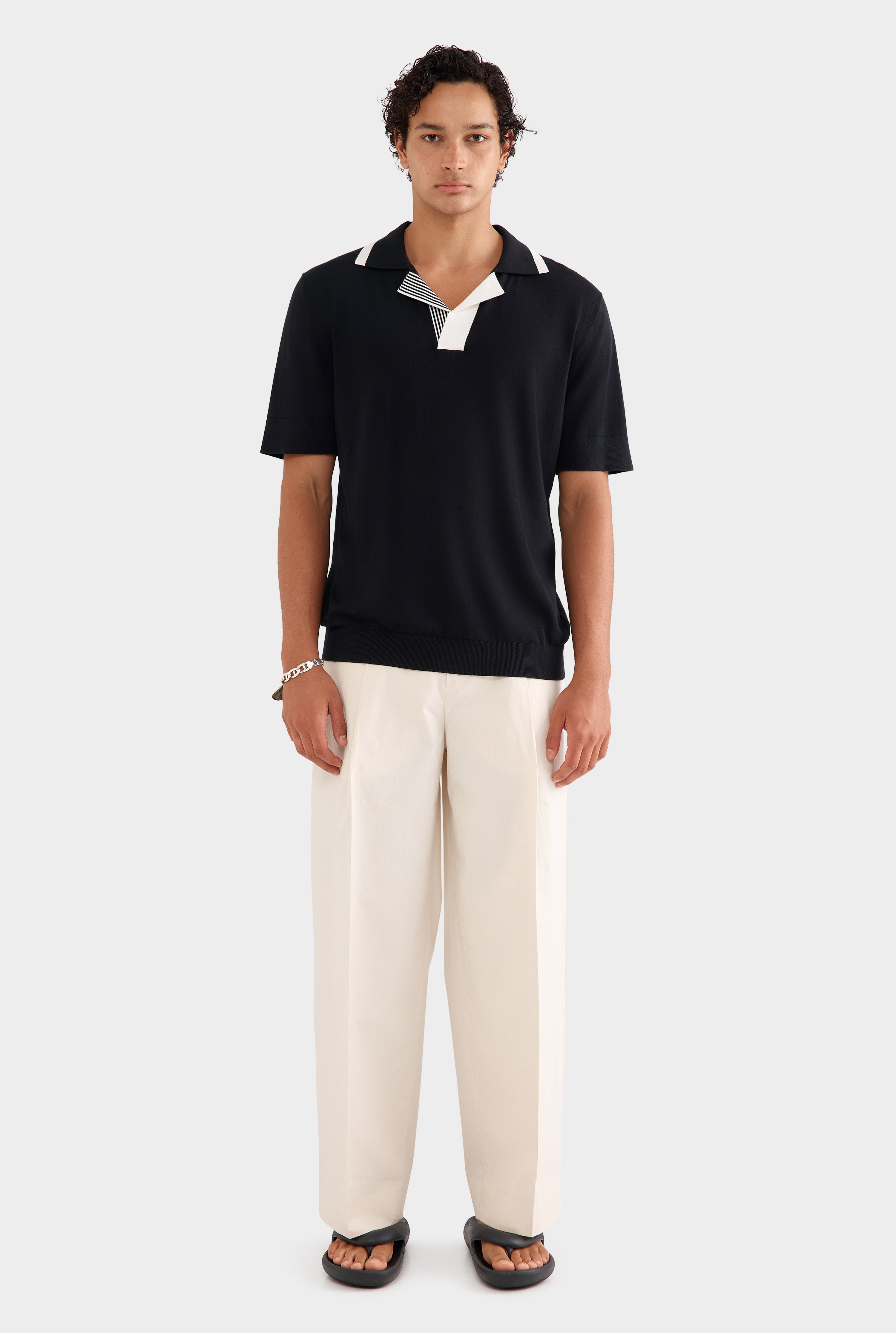 Knitted Cotton Open Neck Polo - Black/Off White