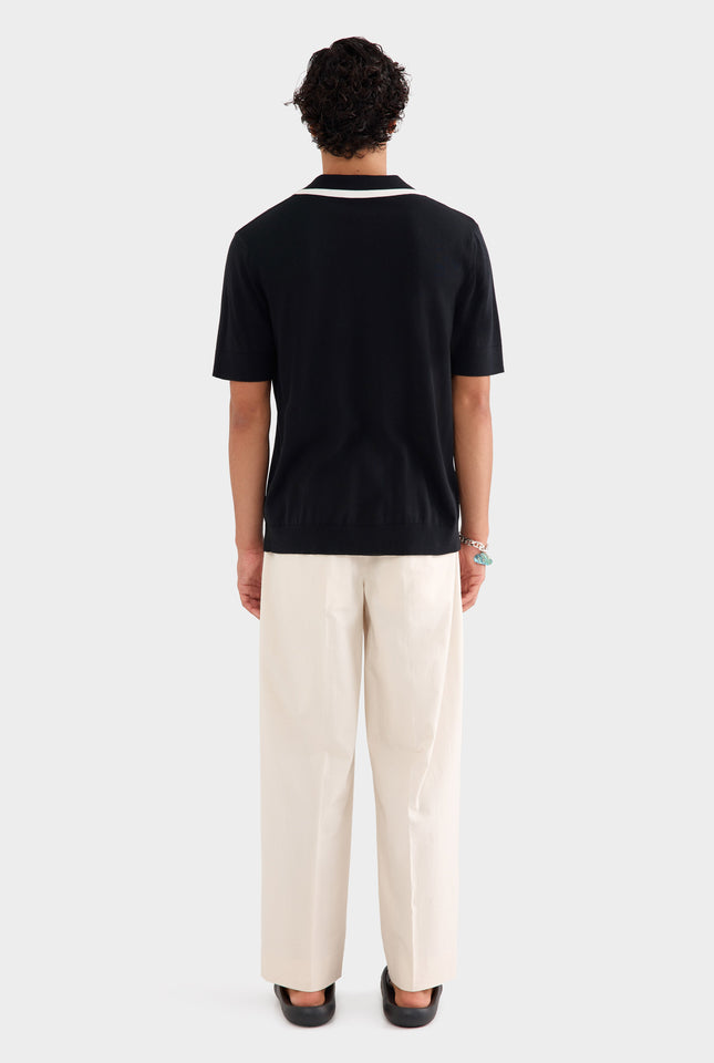 Knitted Cotton Open Neck Polo - Black/Off White