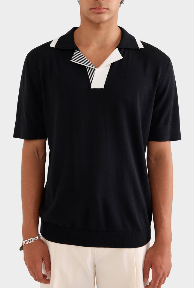 Knitted Cotton Open Neck Polo - Black/Off White