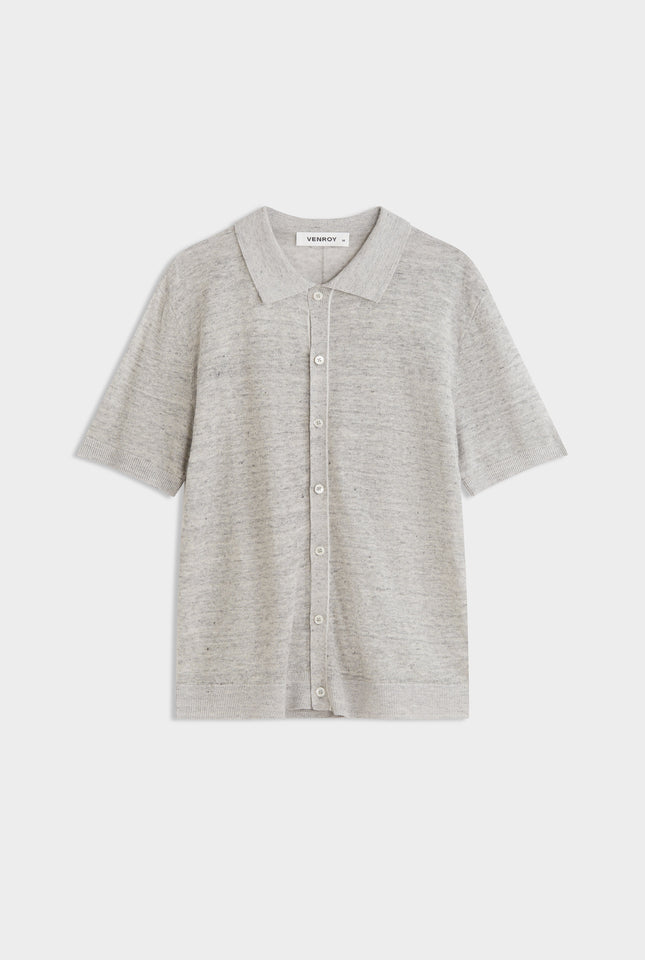 Knitted Linen Contrast Trim Shirt - Grey Marl/Contrast Stripe