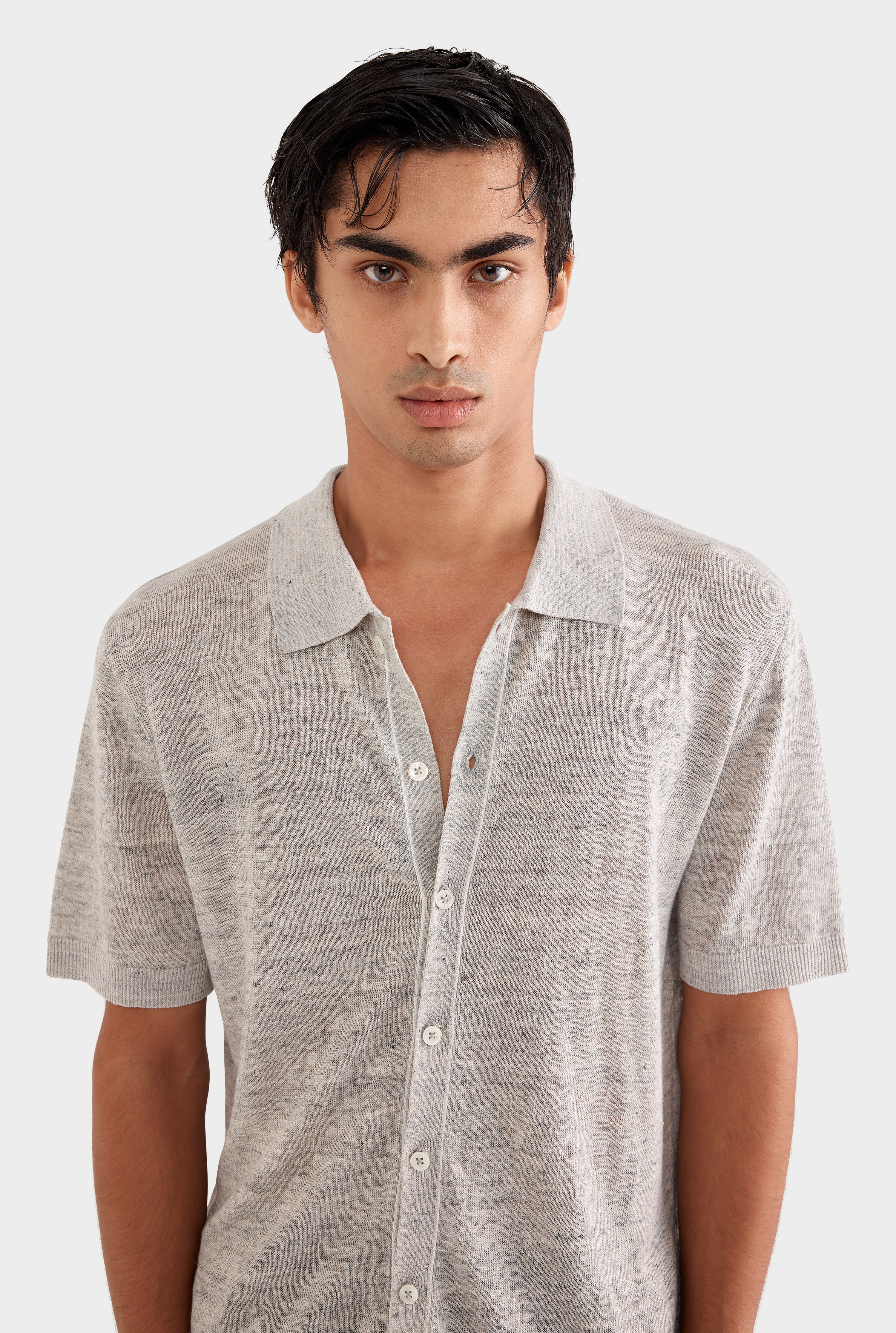 Knitted Linen Contrast Trim Shirt - Grey Marl/Contrast Stripe