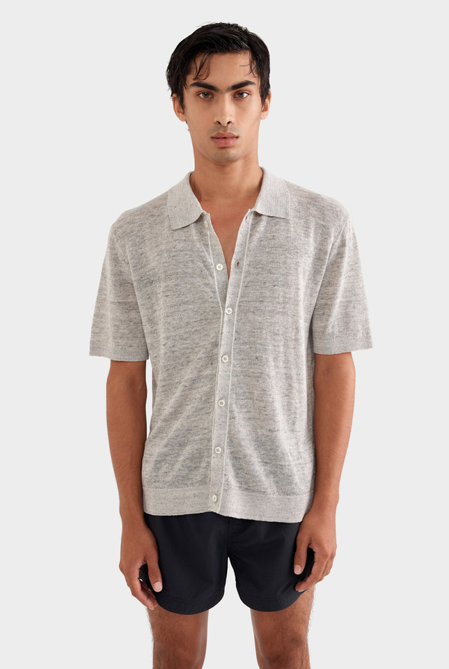 Knitted Linen Contrast Trim Shirt - Grey Marl/Contrast Stripe