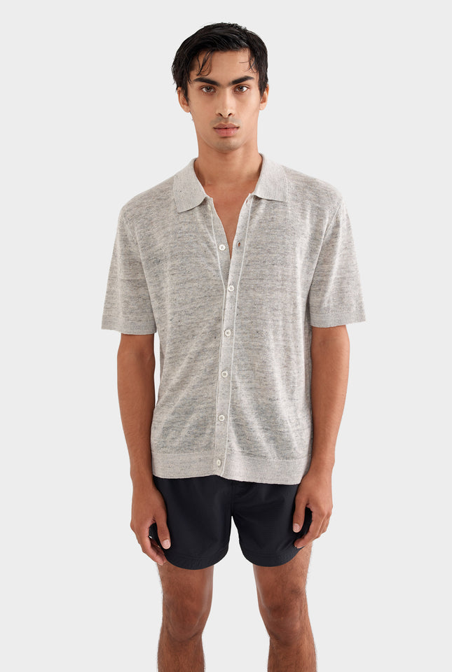 Knitted Linen Contrast Trim Shirt - Grey Marl/Contrast Stripe