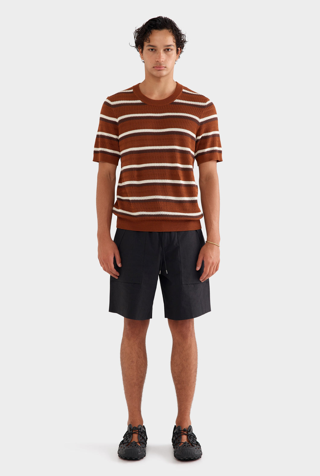 Knitted Tencel Stripe T-Shirt - Brown/Rust/Cream Stripe