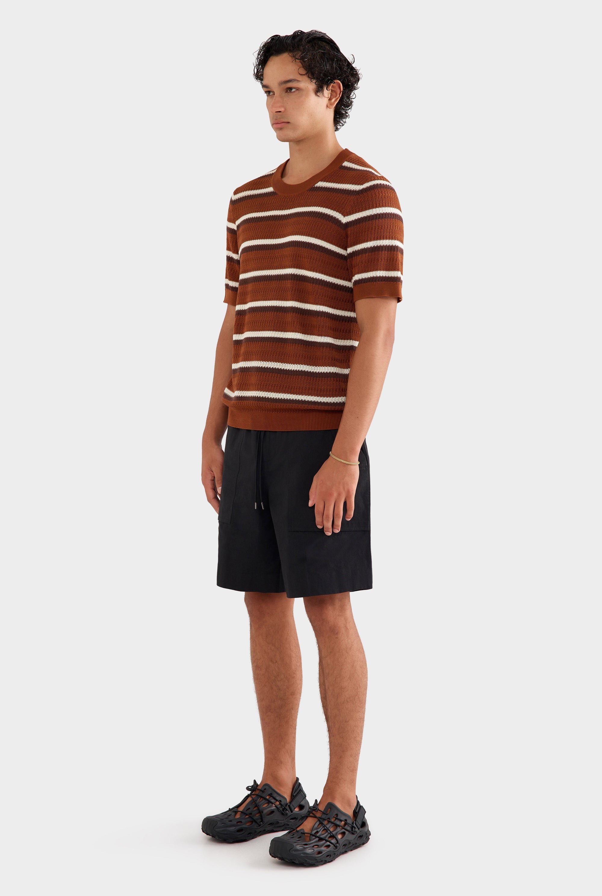 Knitted Tencel Stripe T-Shirt - Brown/Rust/Cream Stripe