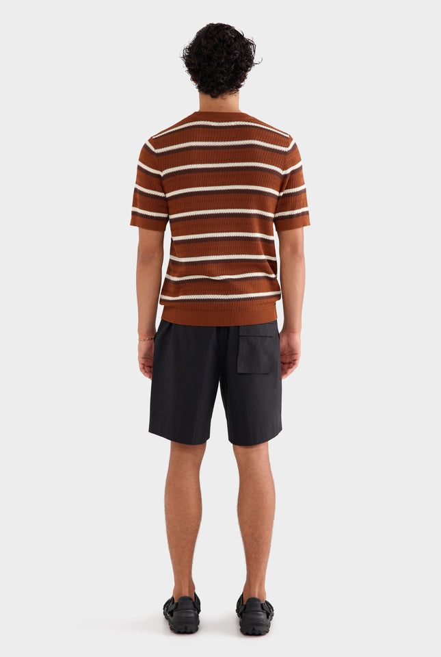 Knitted Tencel Stripe T-Shirt - Brown/Rust/Cream Stripe