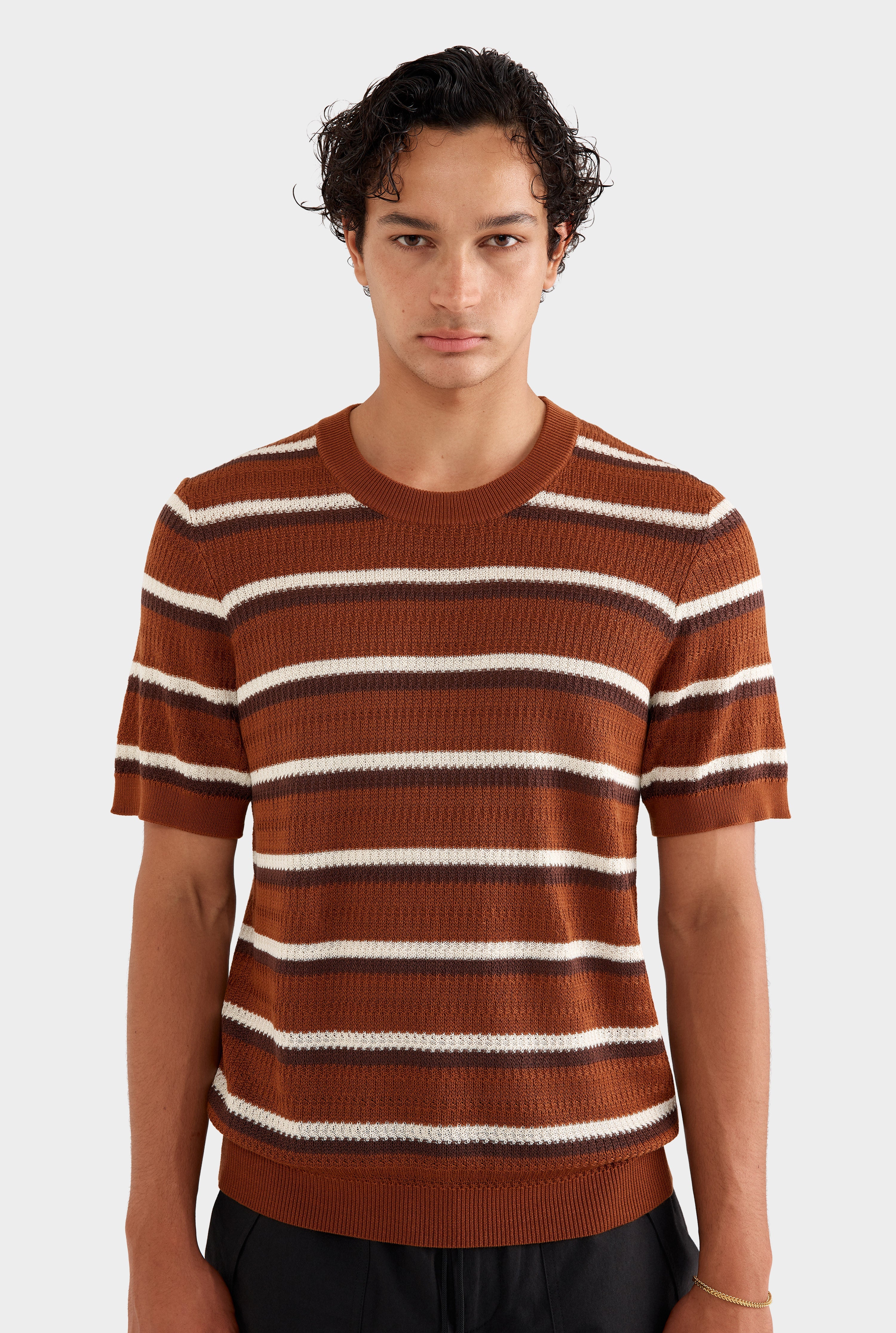 Knitted Tencel Stripe T-Shirt - Brown/Rust/Cream Stripe