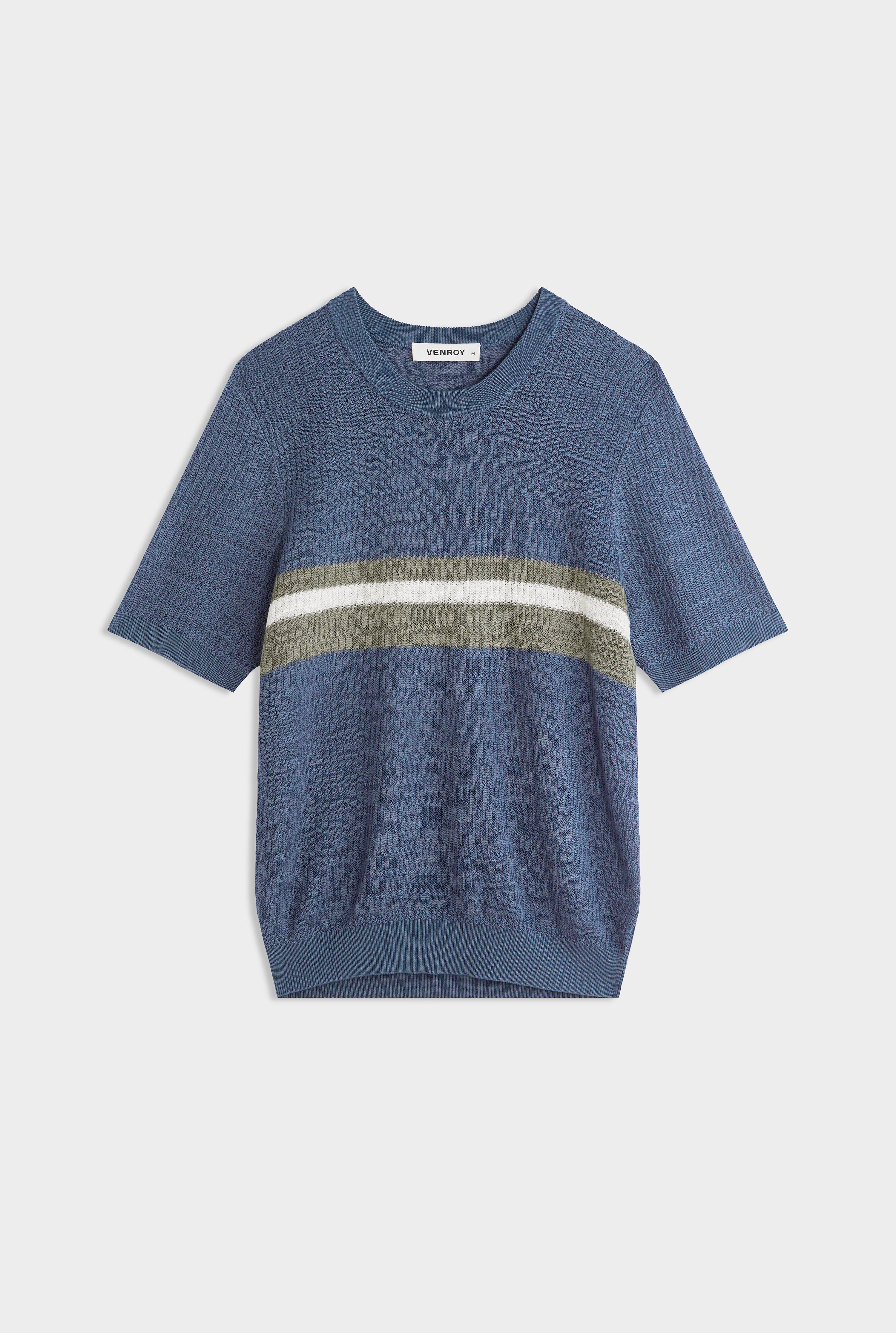 Knitted Tencel Stripe T-Shirt - Steel Blue/Sea Spray/Off White Stripe