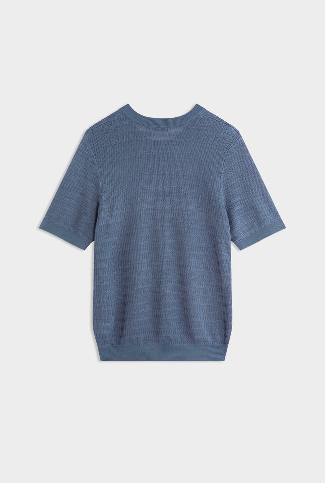 Knitted Tencel Stripe T-Shirt - Steel Blue/Sea Spray/Off White Stripe