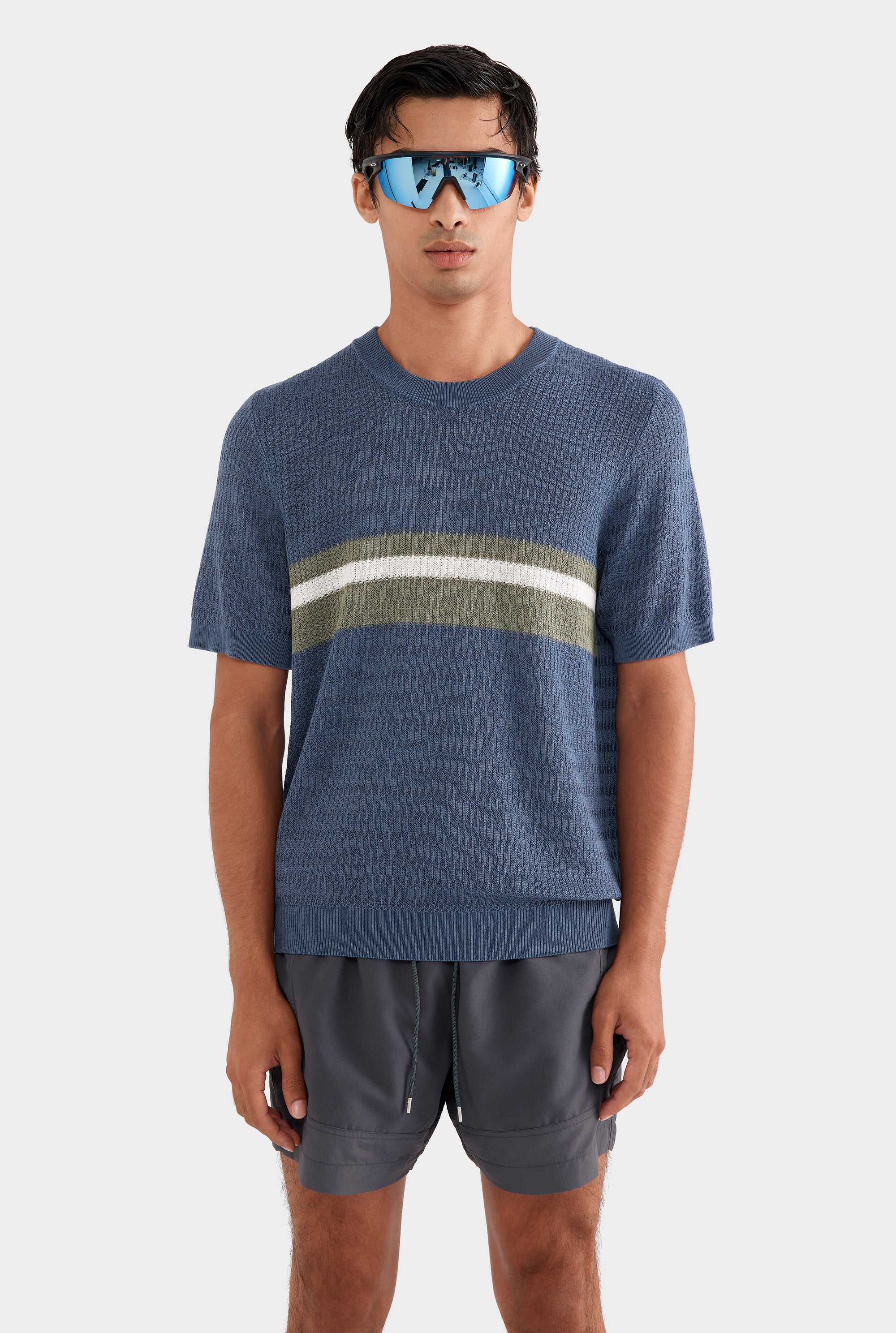 Knitted Tencel Stripe T-Shirt - Steel Blue/Sea Spray/Off White Stripe