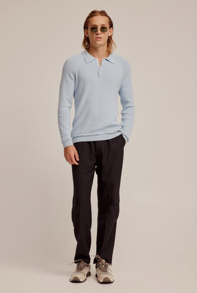 Long Sleeve Cotton Boucle Raglan Knit Polo - Fog Blue