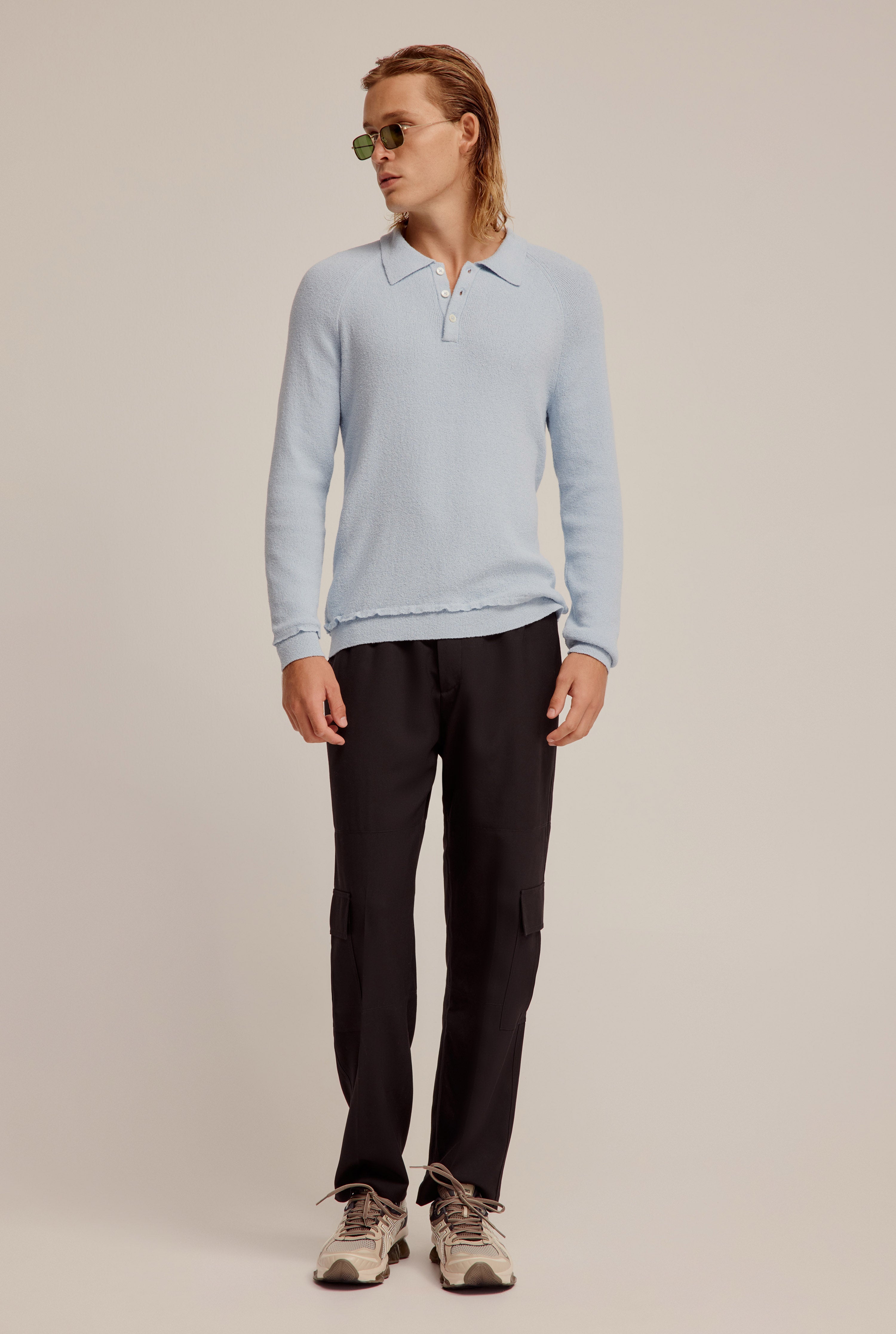 Long Sleeve Cotton Boucle Raglan Knit Polo - Fog Blue