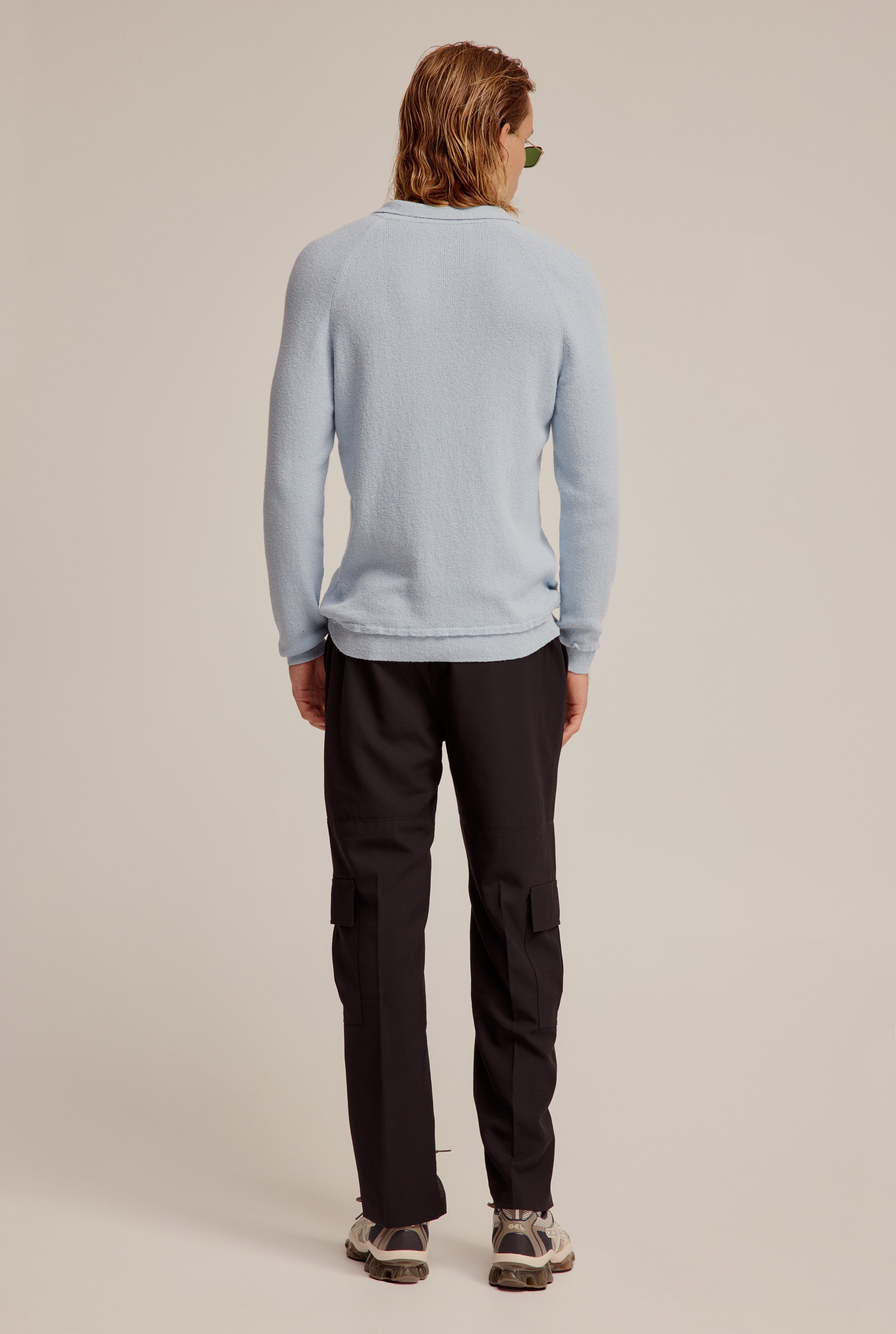 Long Sleeve Cotton Boucle Raglan Knit Polo - Fog Blue