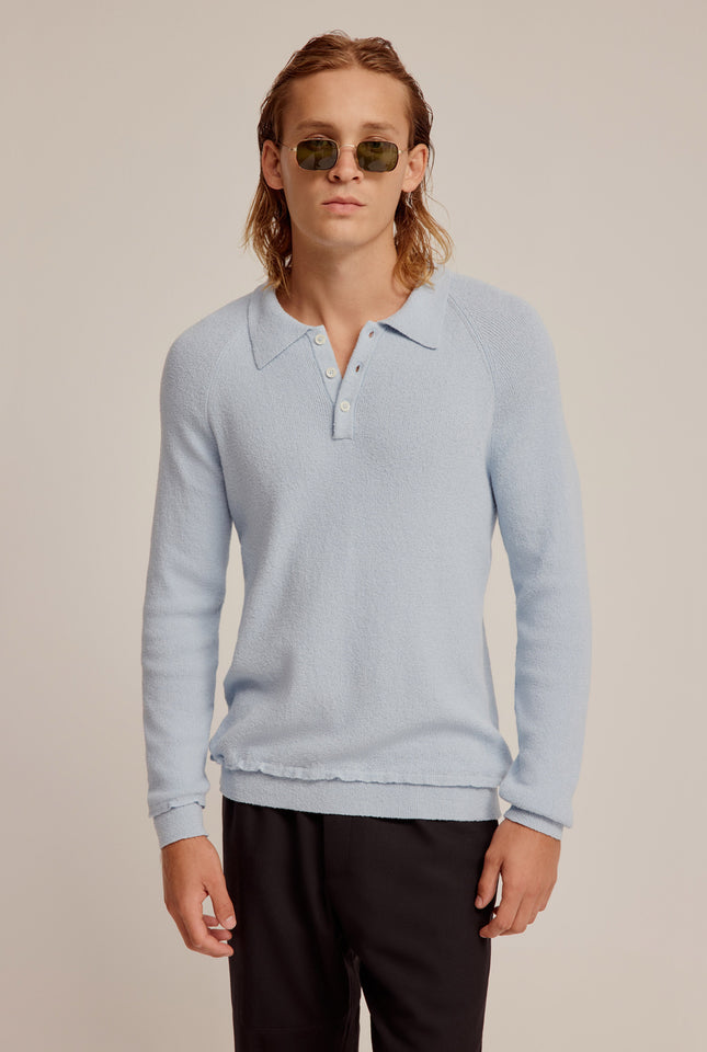 Long Sleeve Cotton Boucle Raglan Knit Polo - Fog Blue