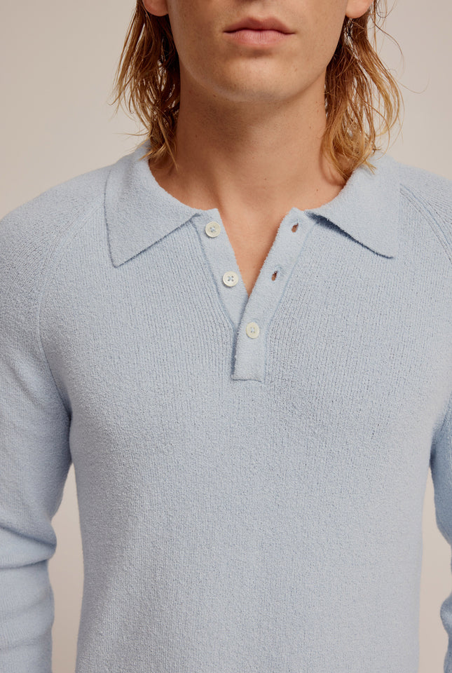 Long Sleeve Cotton Boucle Raglan Knit Polo - Fog Blue