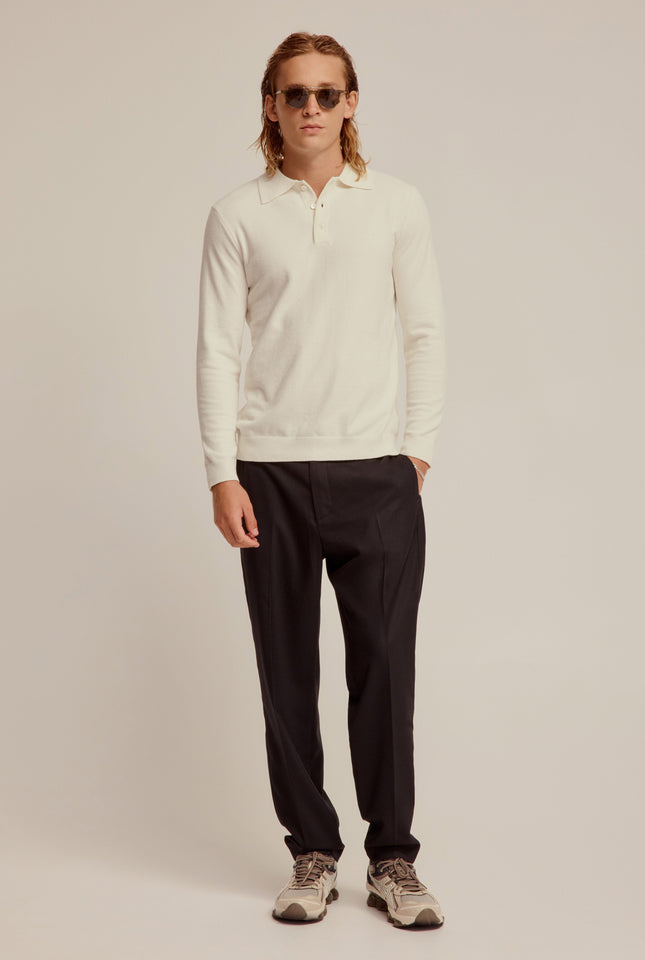 Long Sleeve Boucle Knit Polo - Antique White