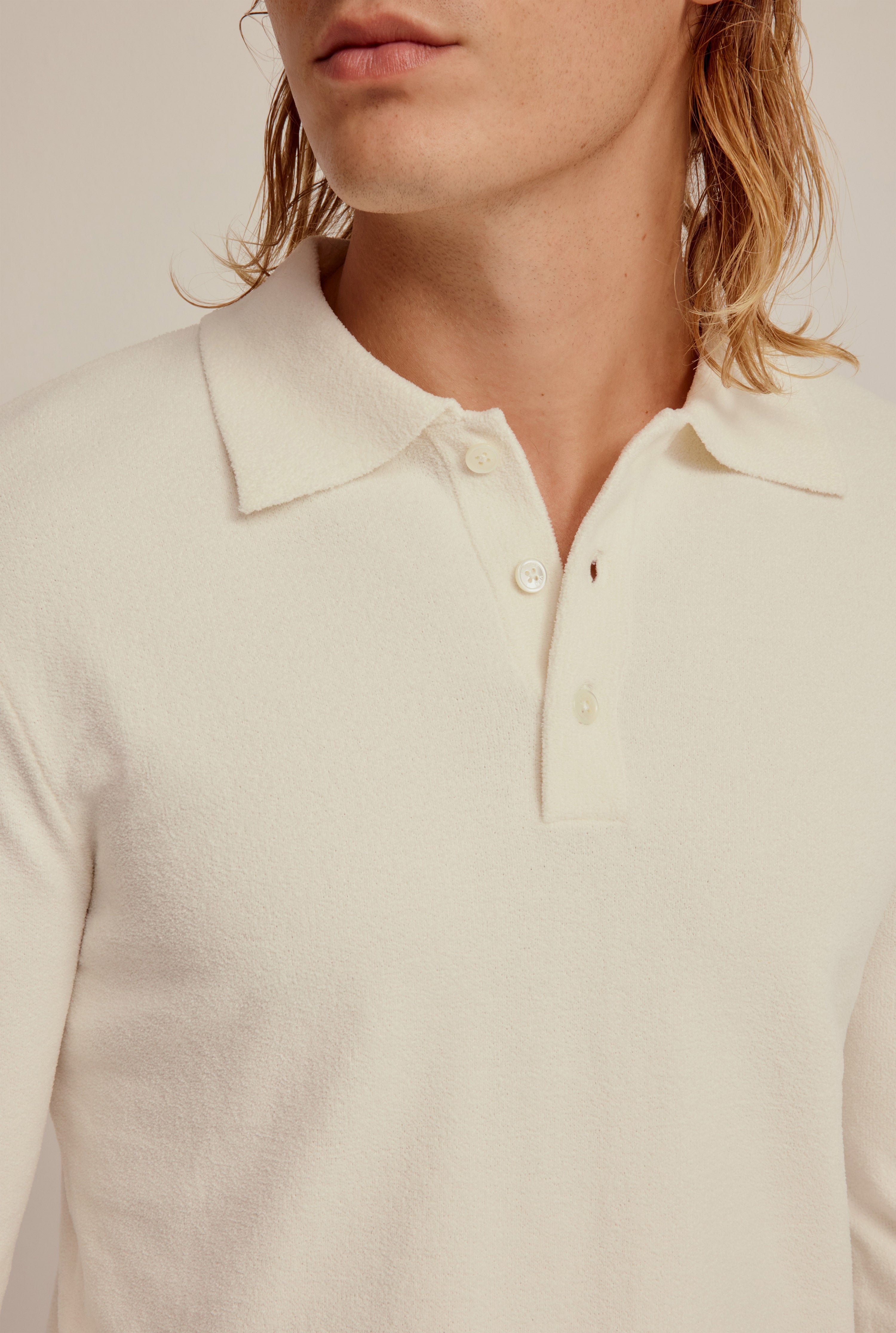 Long Sleeve Boucle Knit Polo - Antique White