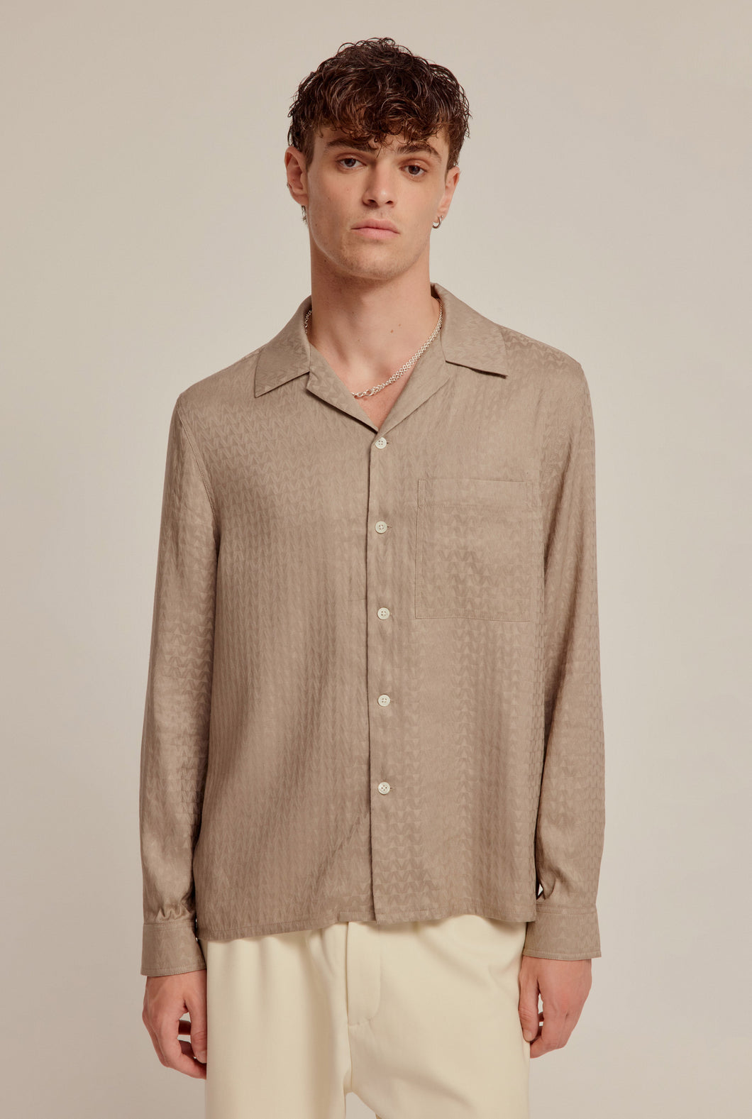 Long Sleeve Jacquard V Monogram Silk Linen Shirt - Walnut