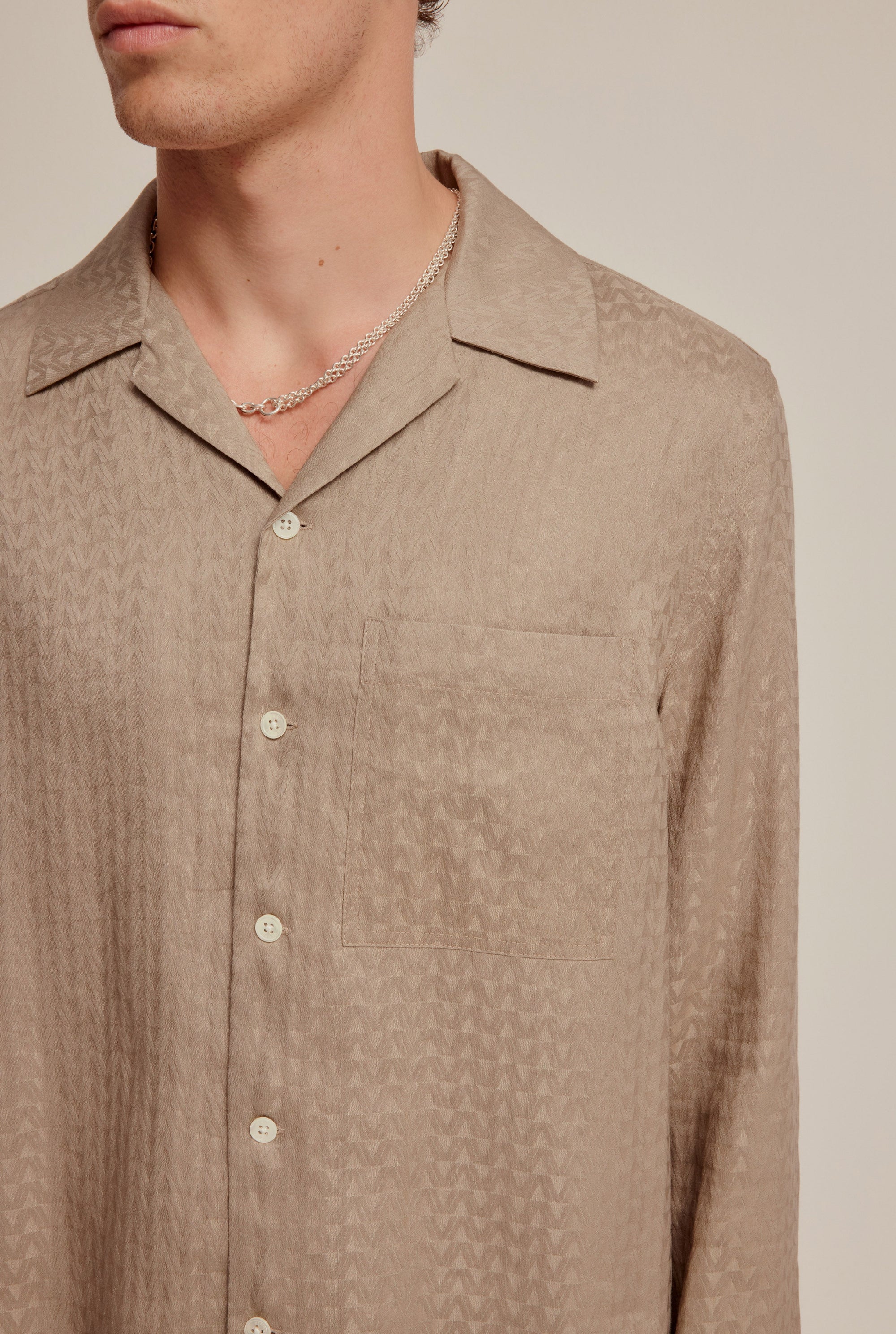 Long Sleeve Jacquard V Monogram Silk Linen Shirt - Walnut