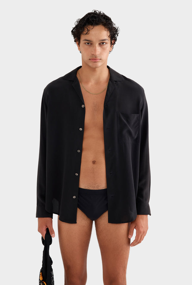 Long Sleeve Silk Camp Collar Shirt - Black