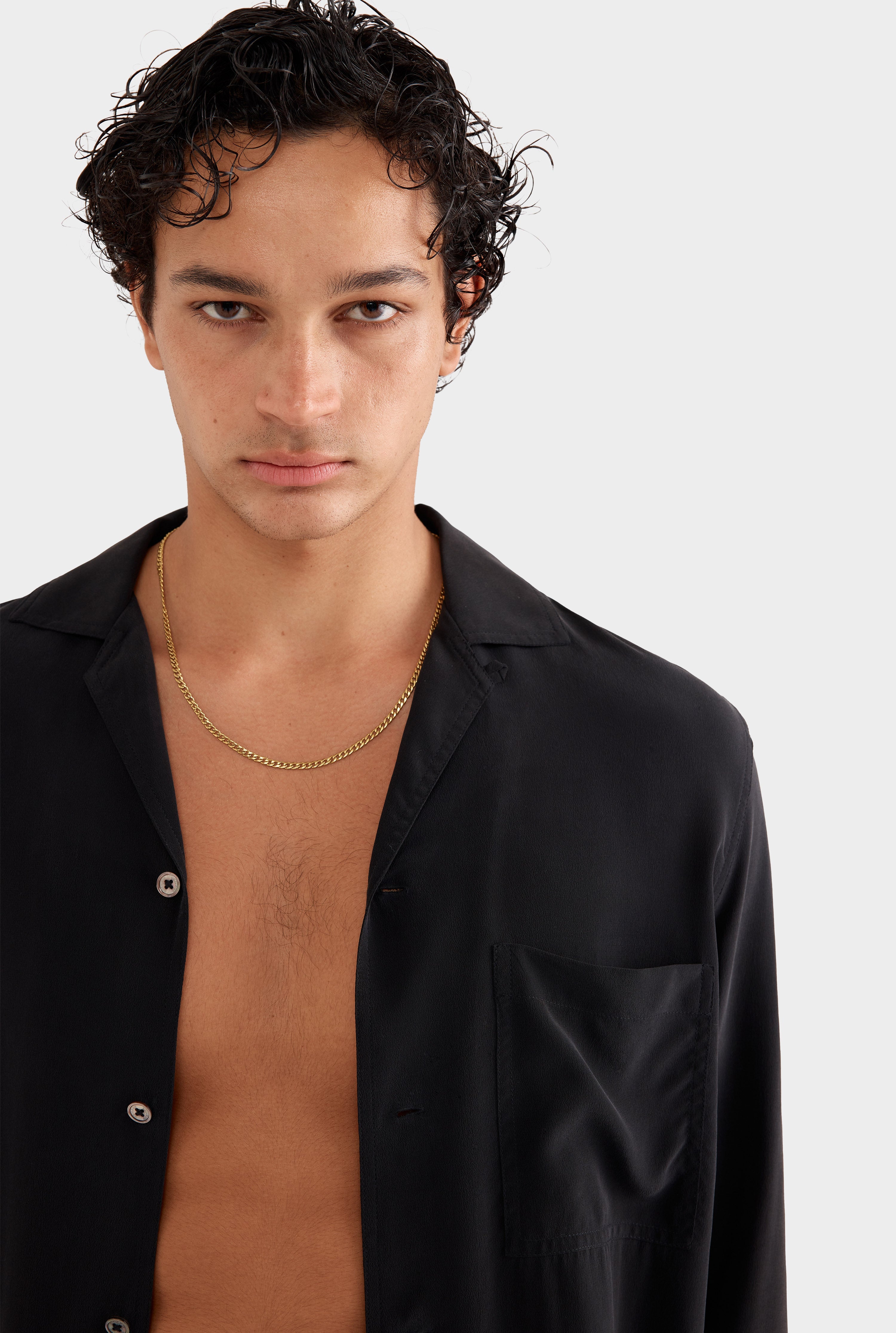 Long Sleeve Silk Camp Collar Shirt - Black