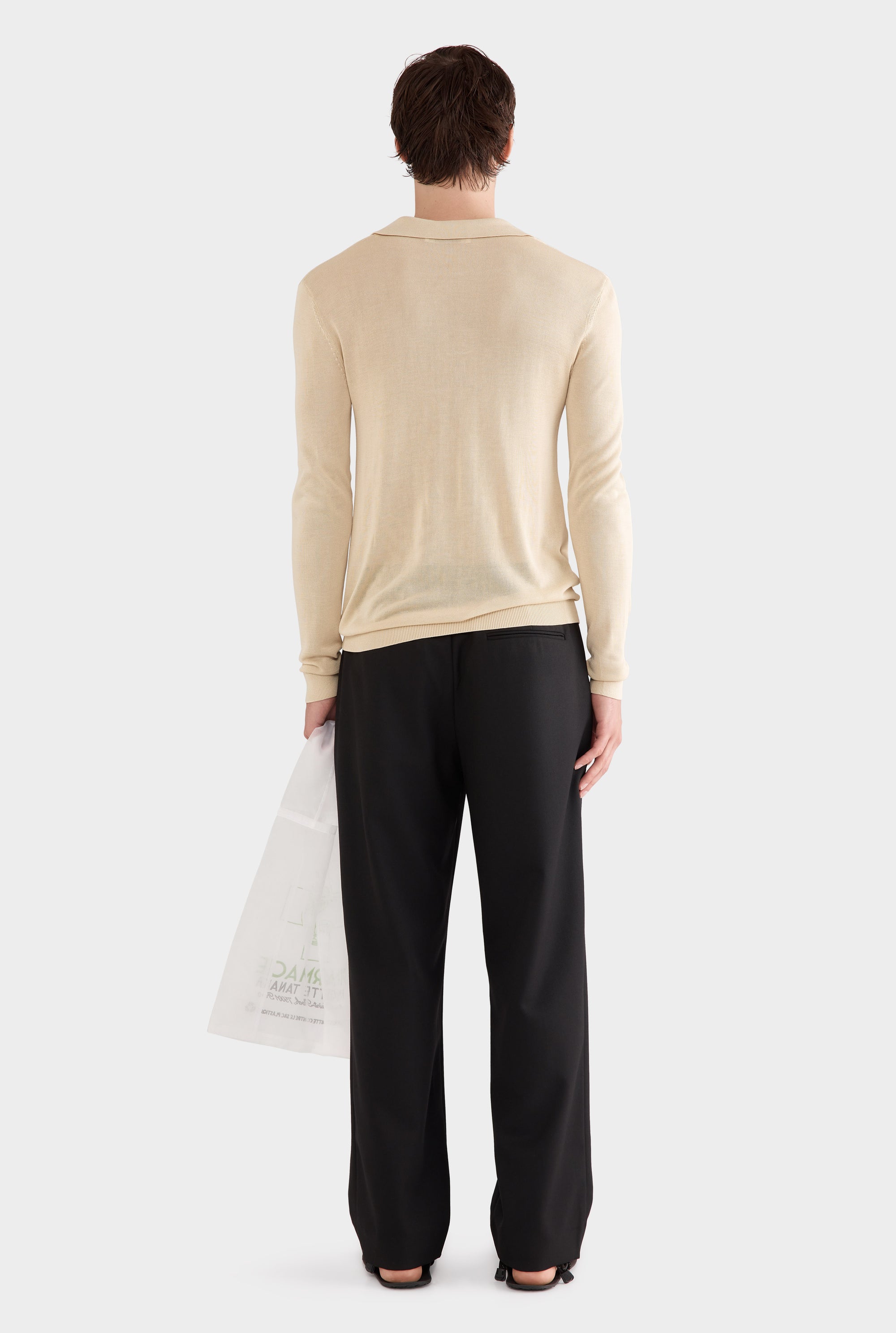 Long Sleeve Silk Knitted Open Neck Polo - Pale Straw