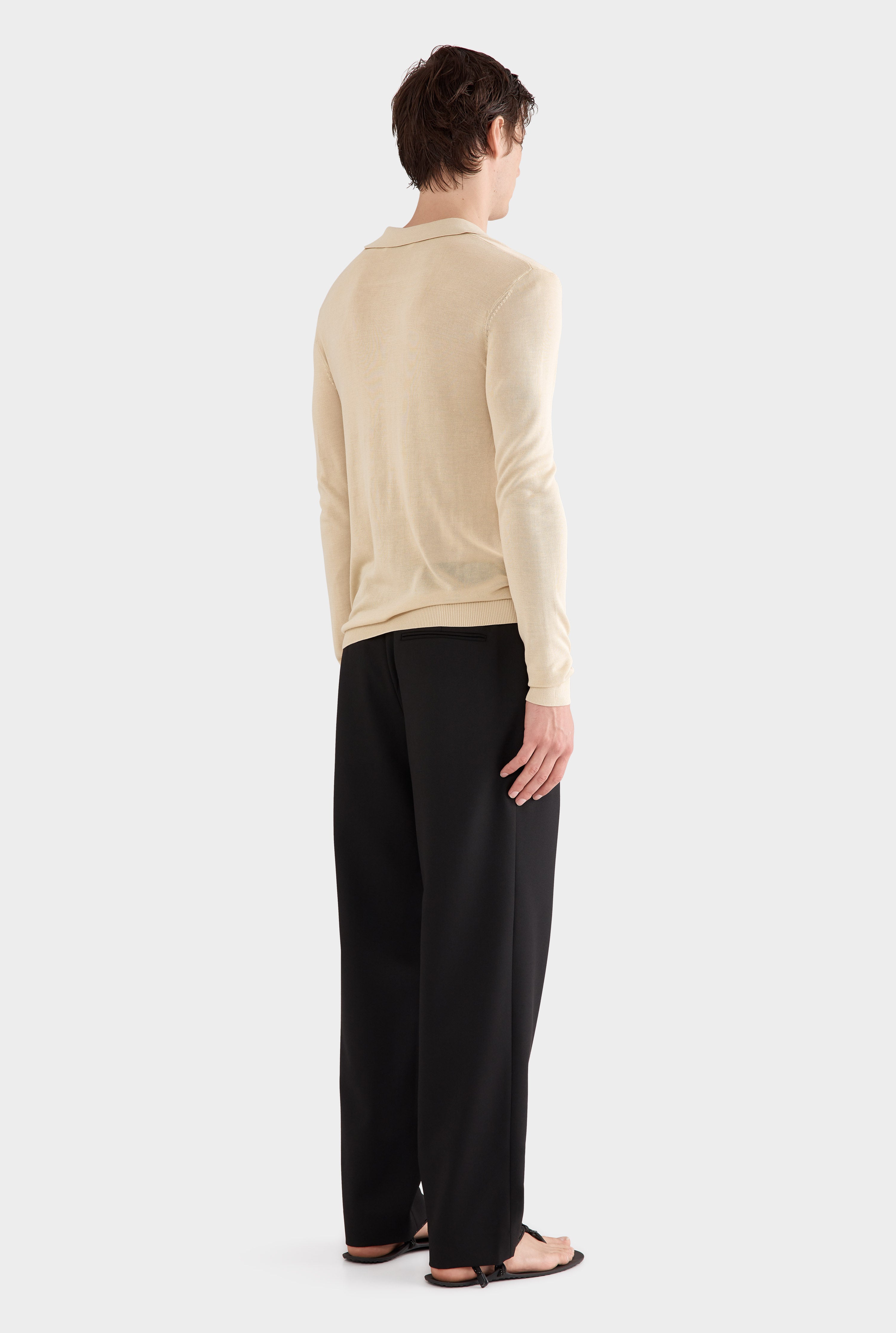 Long Sleeve Silk Knitted Open Neck Polo - Pale Straw