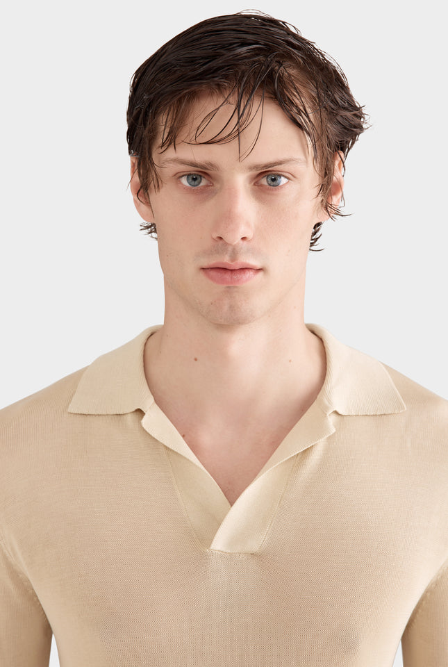 Long Sleeve Silk Knitted Open Neck Polo - Pale Straw