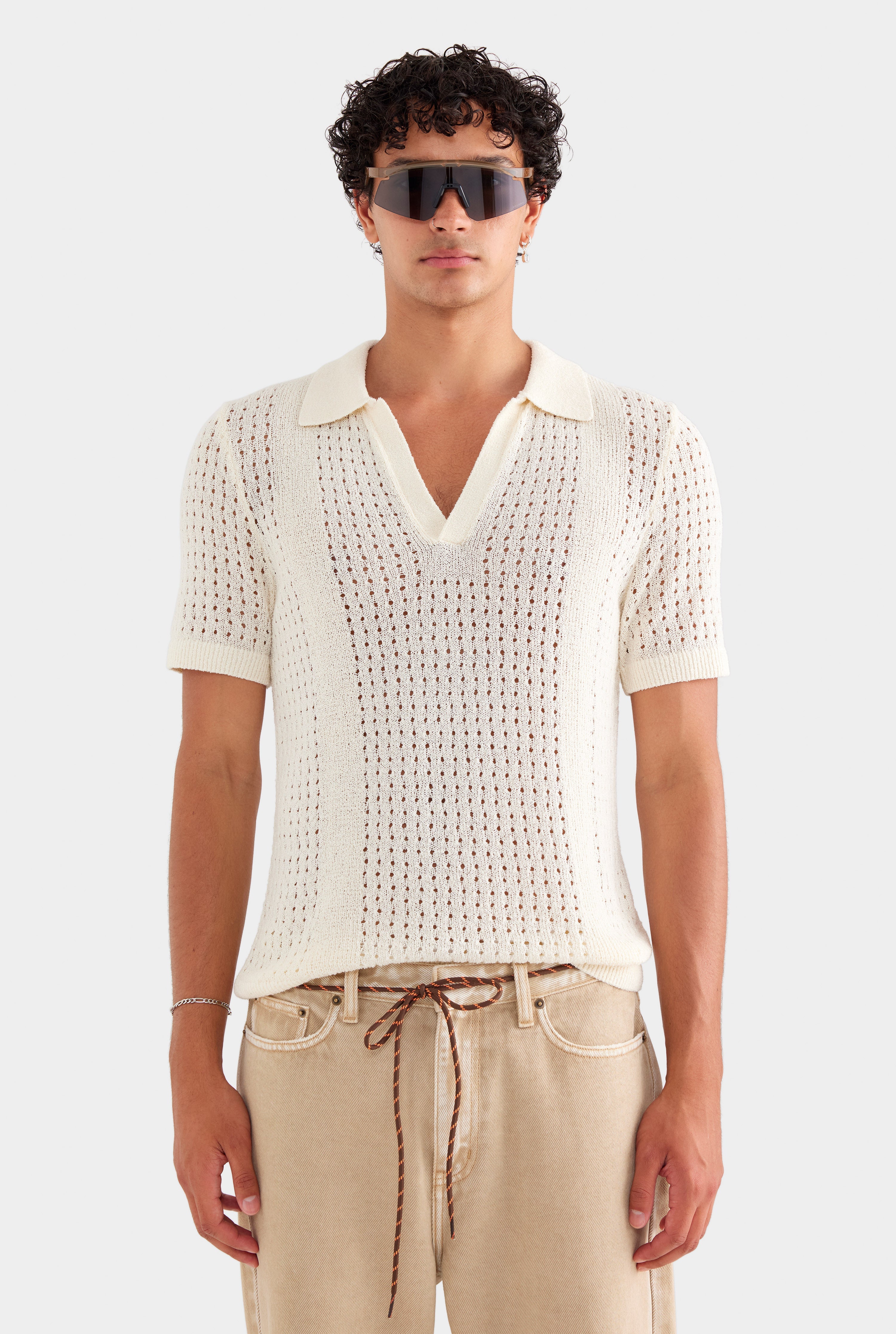 Boucle Border Knit Polo - Off White