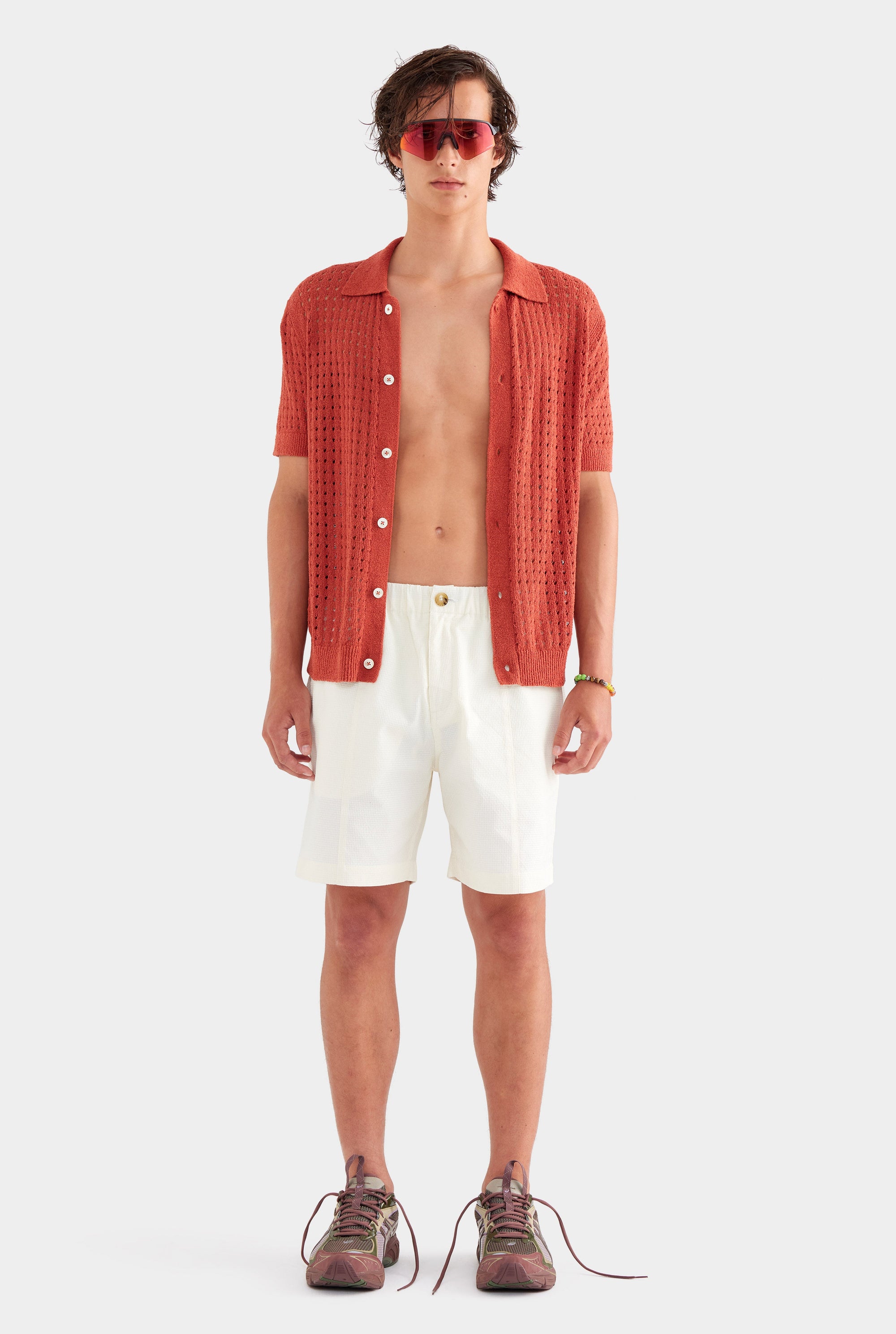 Boucle Border Knit Shirt - Brick Red