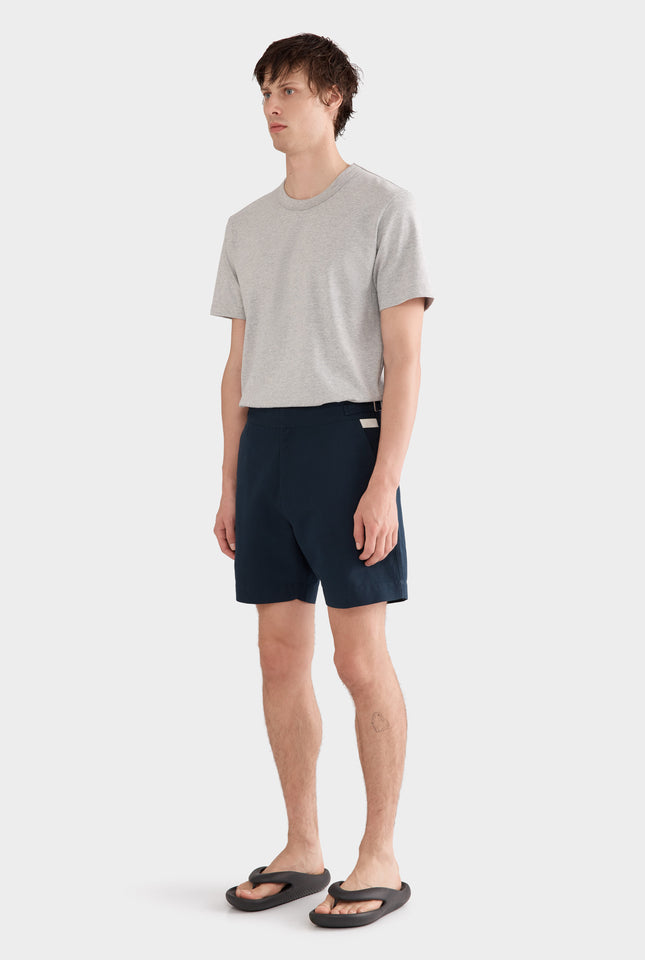 Cotton Linen Twill Side Tab Short - Navy/Natural Tape