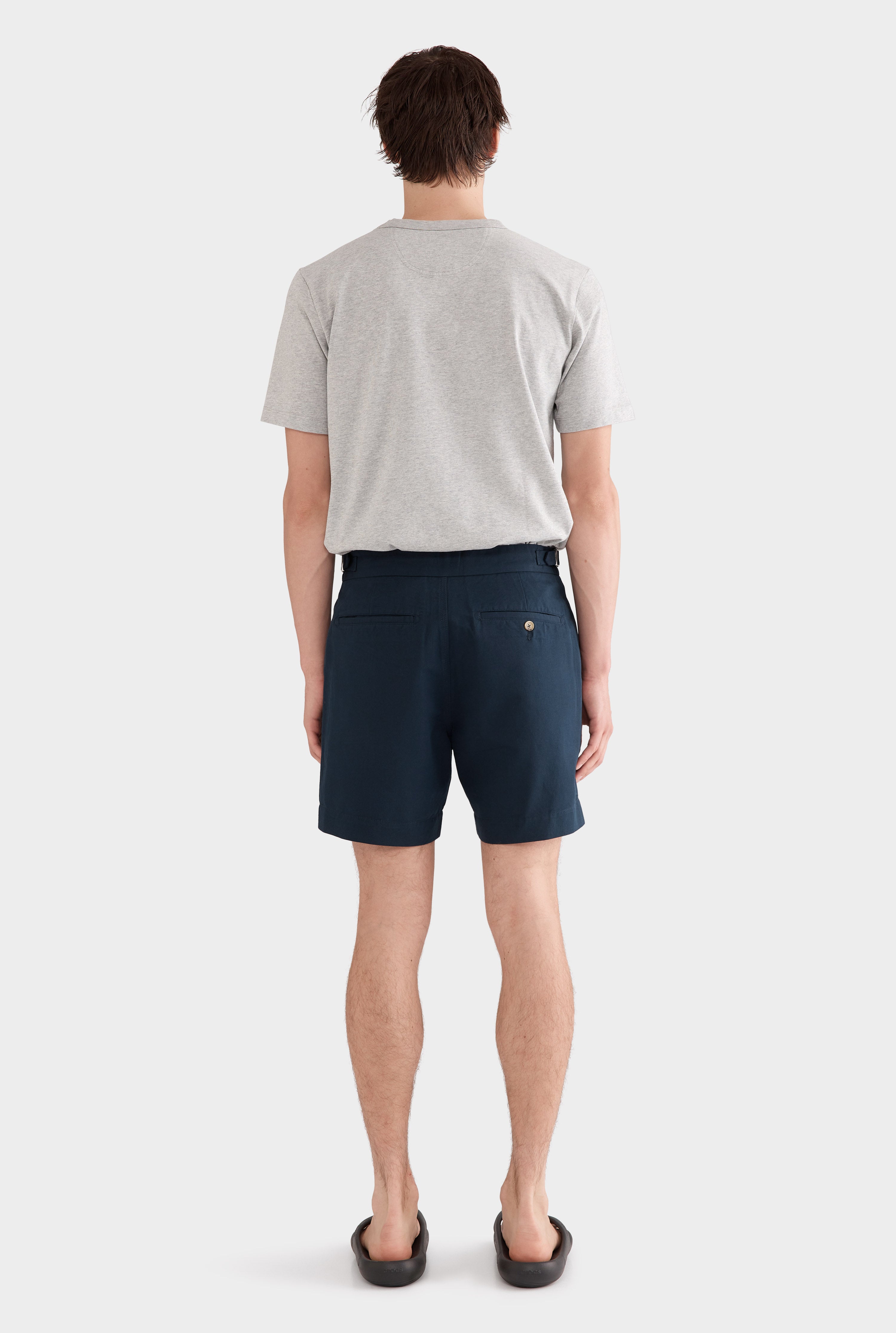 Cotton Linen Twill Side Tab Short - Navy/Natural Tape