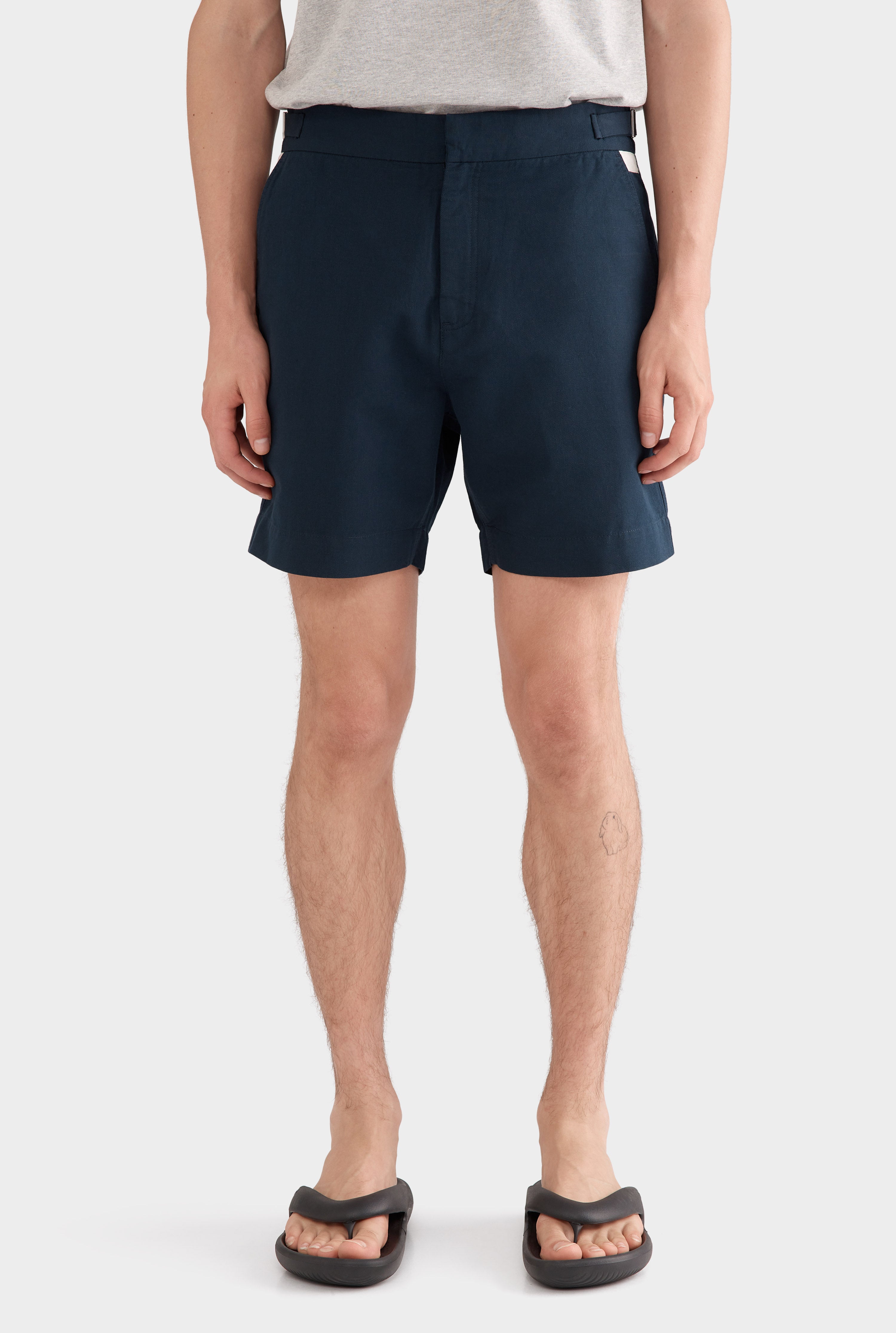 Cotton Linen Twill Side Tab Short - Navy/Natural Tape