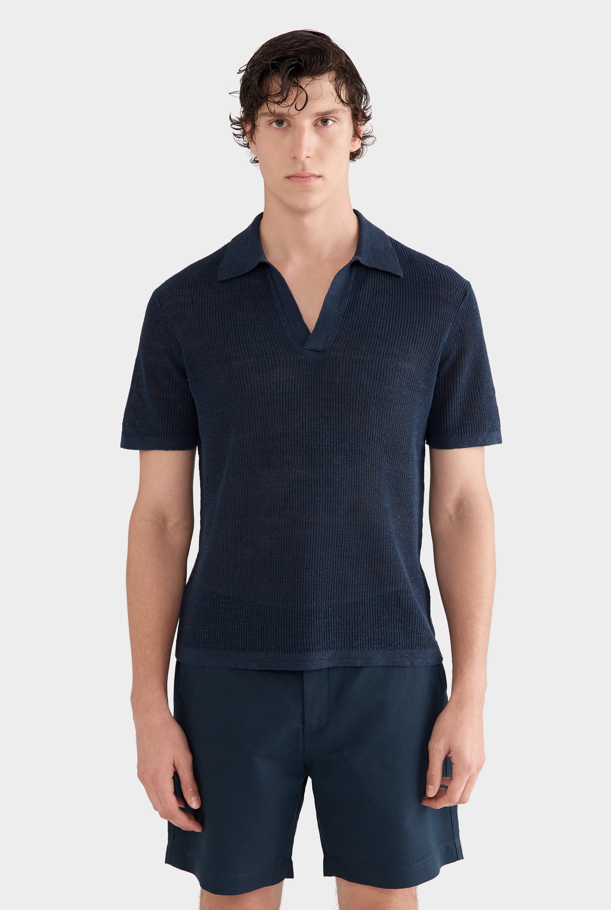 Rib Knit Open Neck Polo 2.0 - Navy