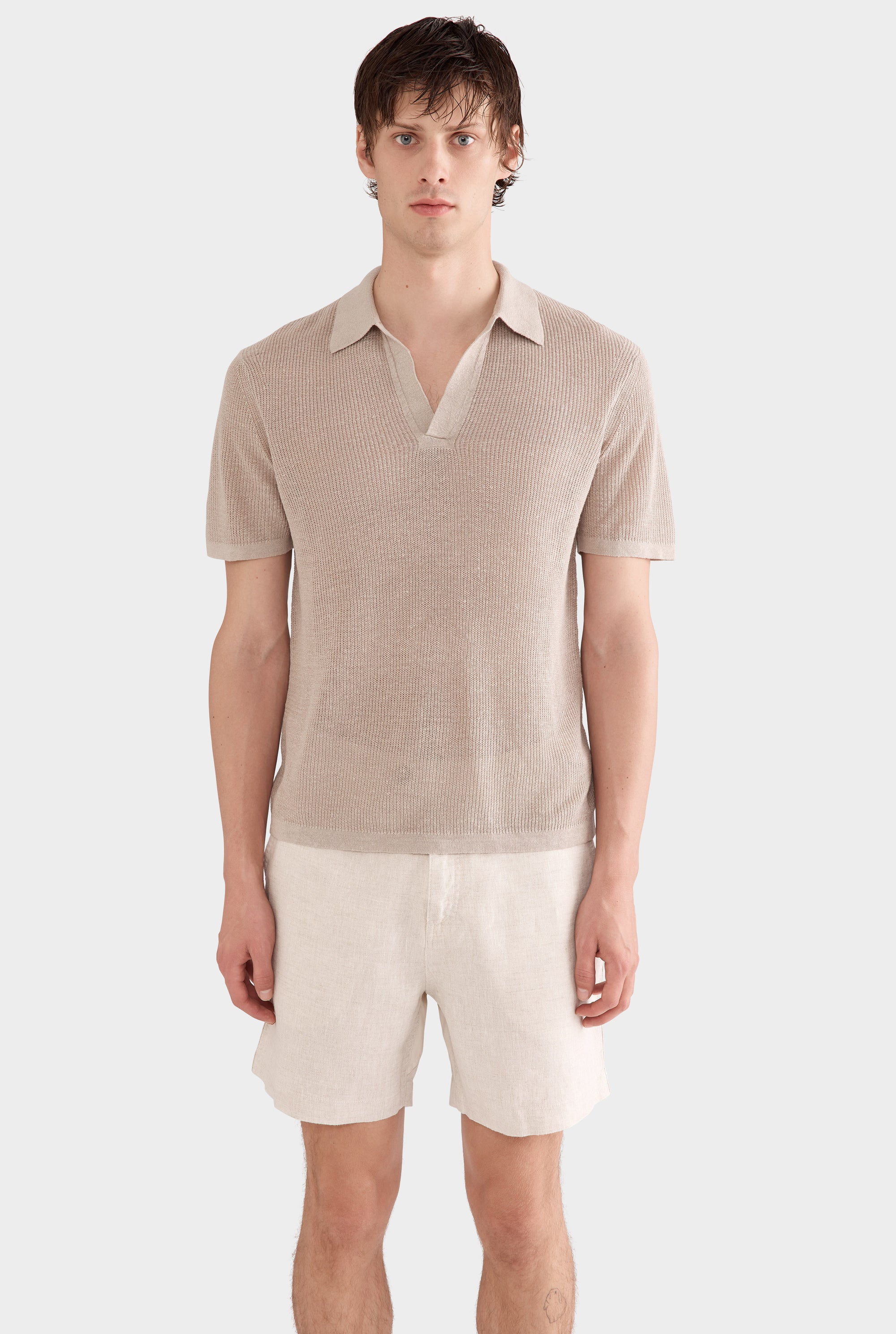 Rib Knit Open Neck Polo 2.0 - Taupe