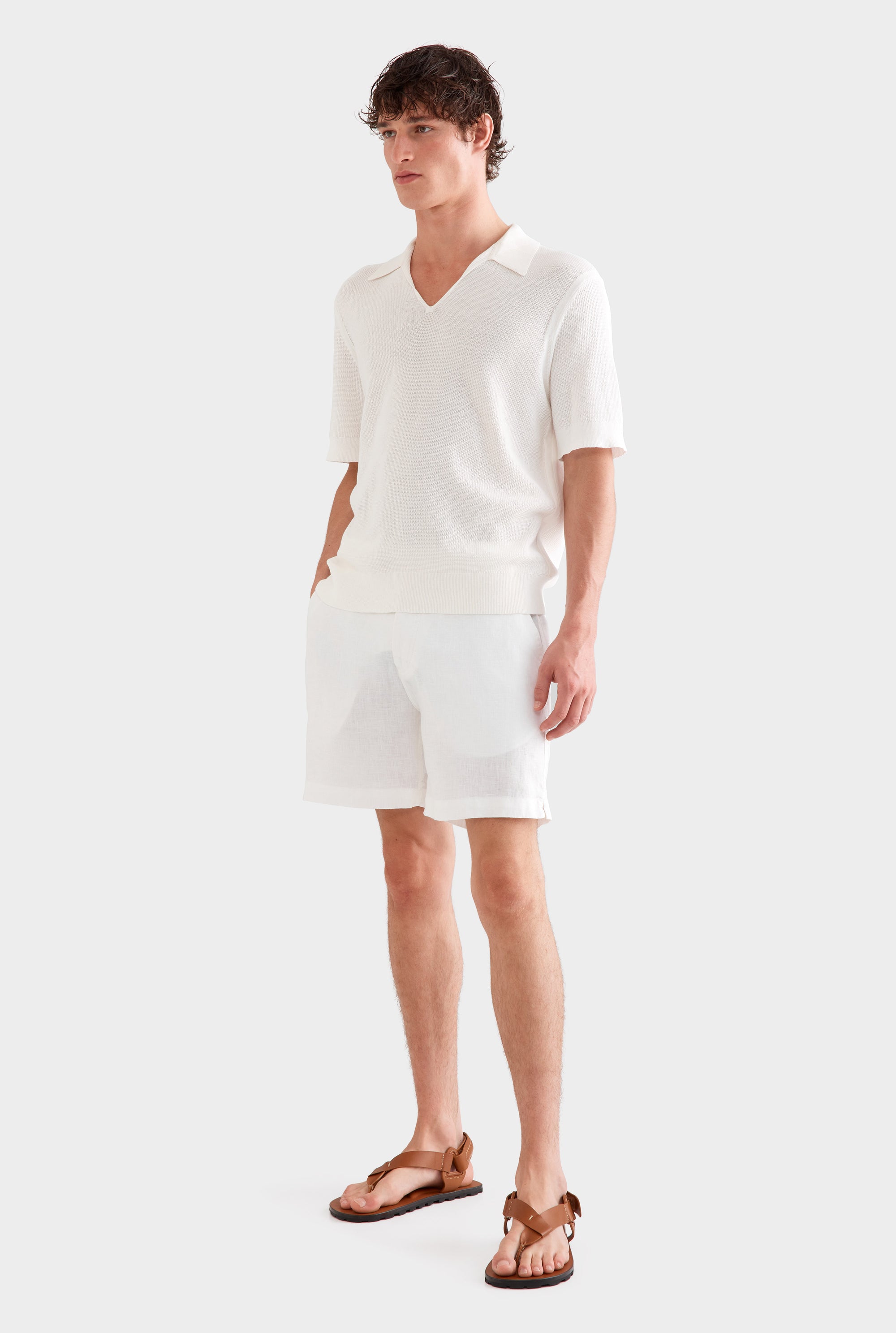 Textured Cotton Open Neck Shirt - Off White