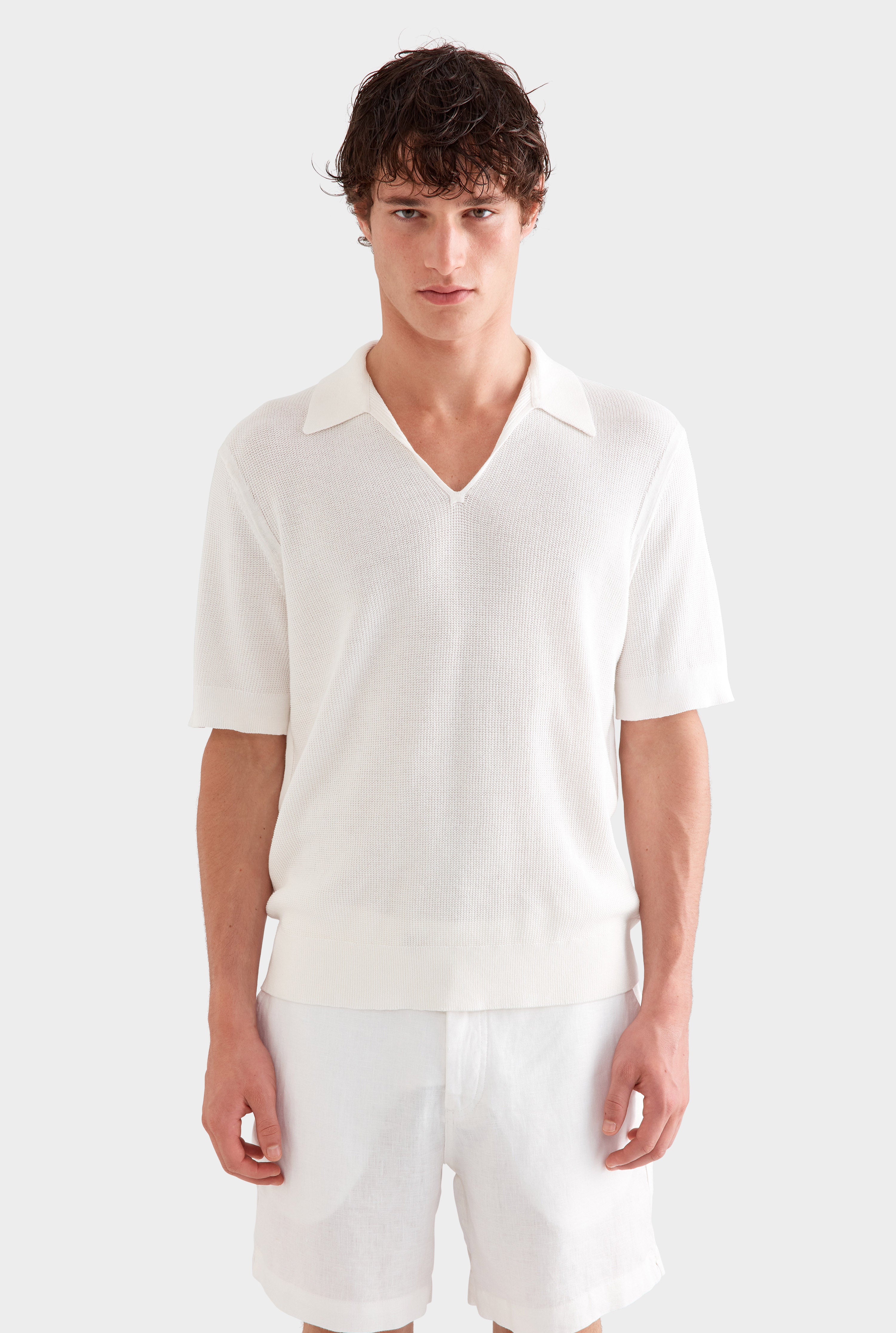 Textured Cotton Open Neck Shirt - Off White