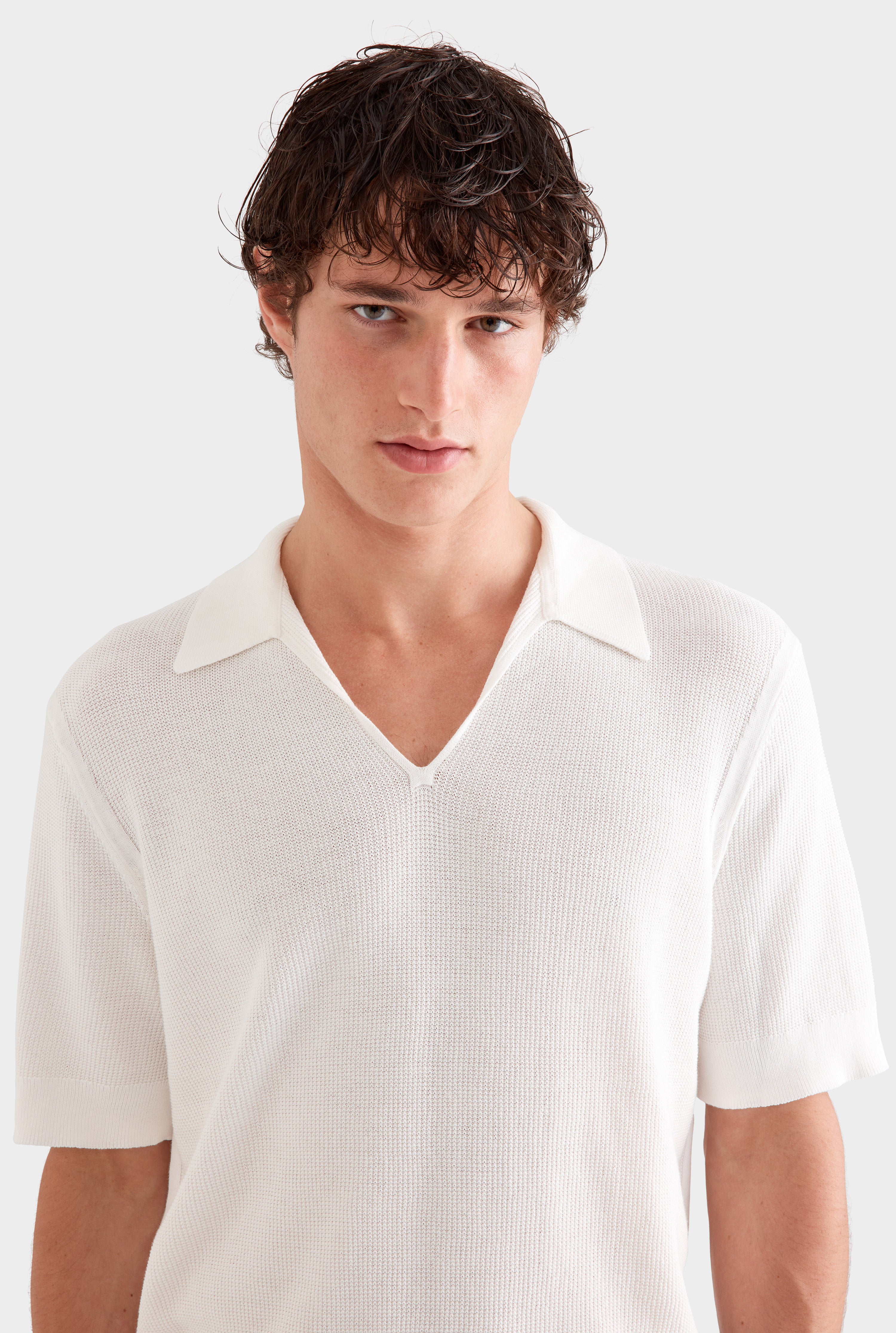 Textured Cotton Open Neck Shirt - Off White