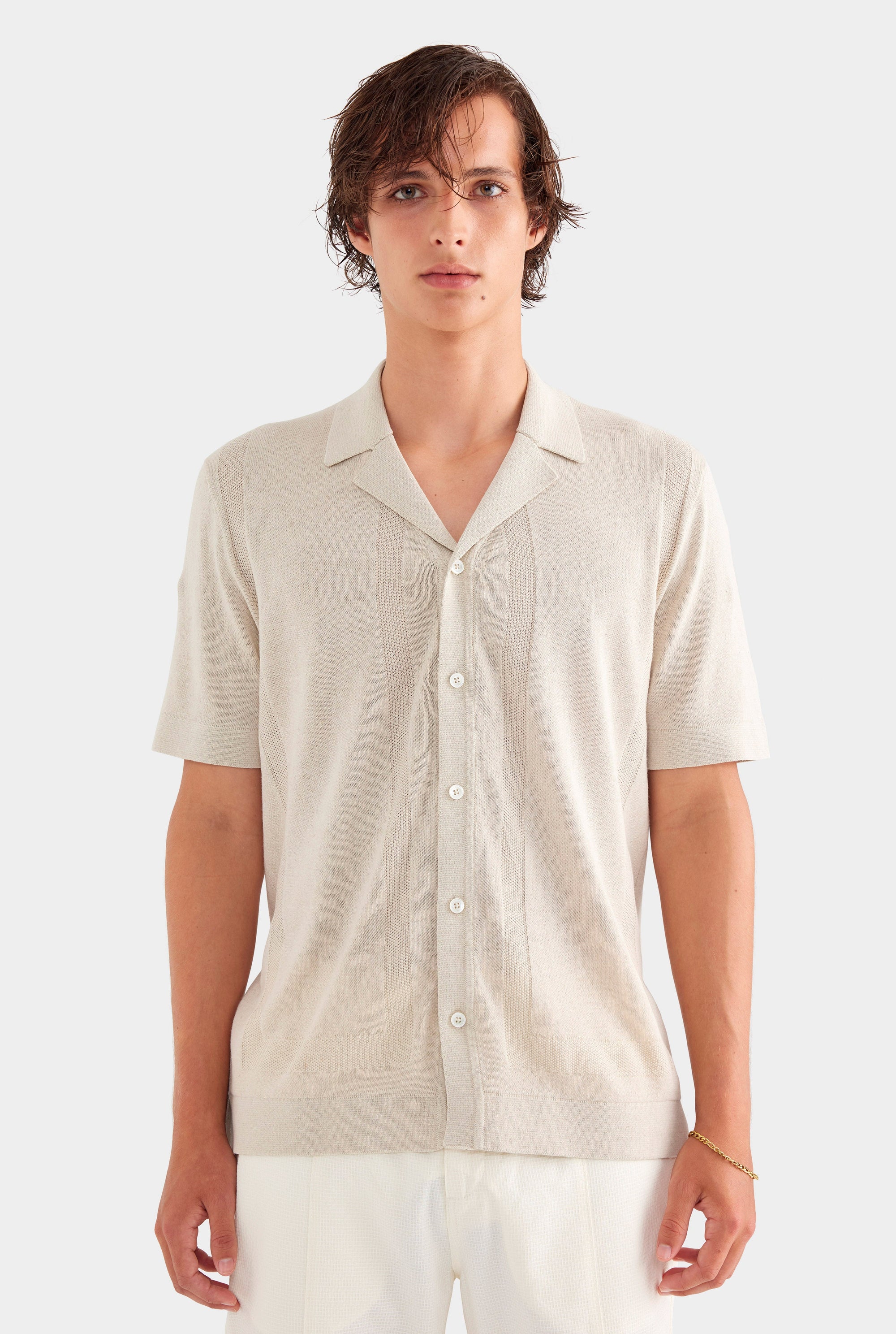 Contrast Stitch Knit Shirt - Sand